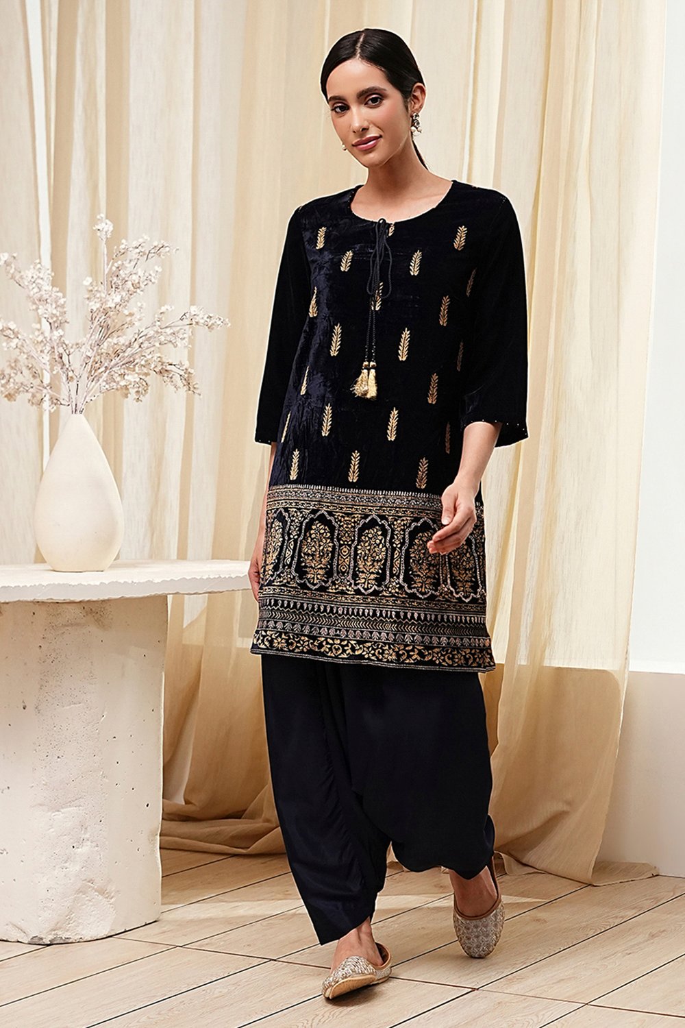 Navy Blue Polyester Straight Kurta Pants Set image number 6