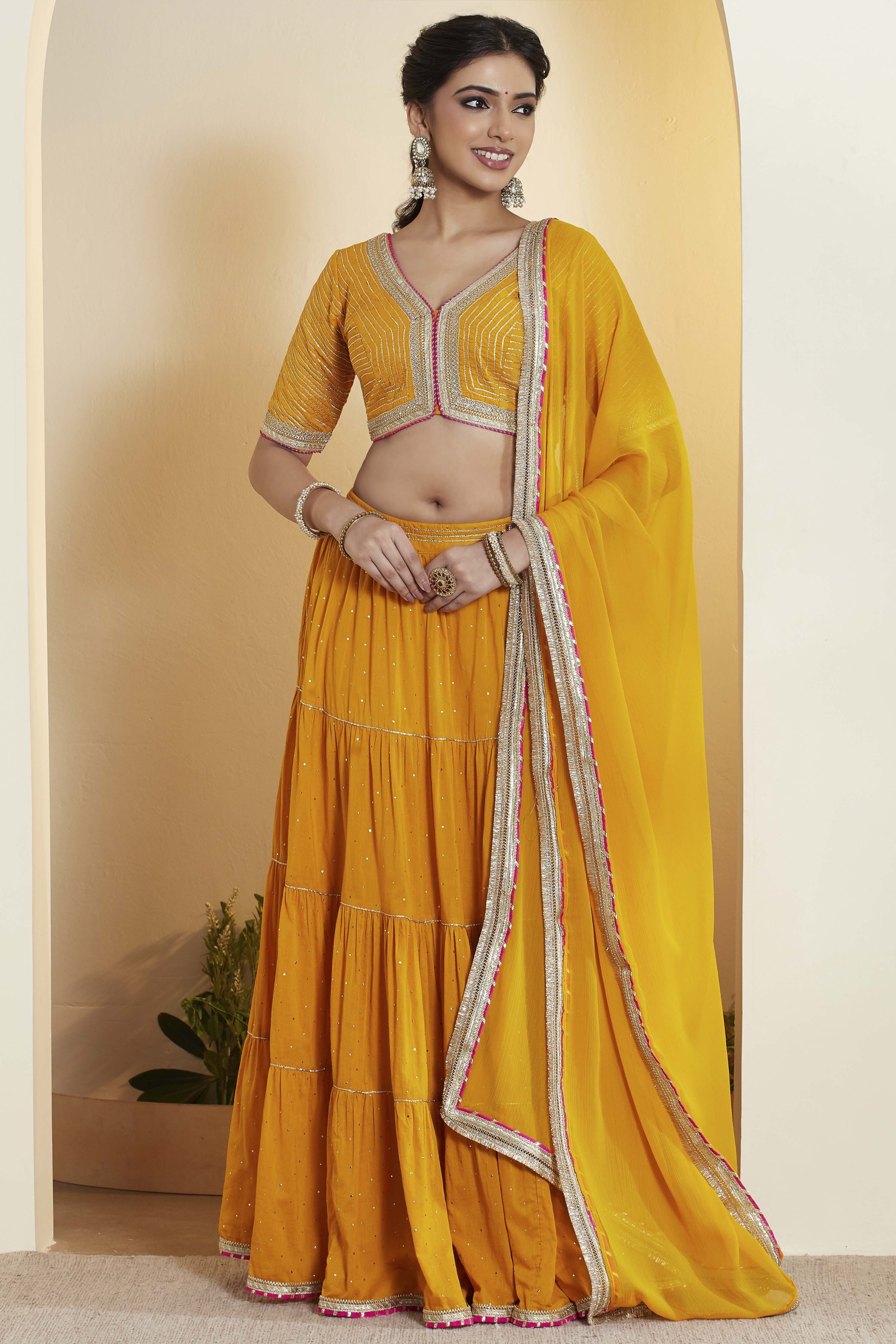 Mustard Cotton Gathered Lehenga Set image number 7