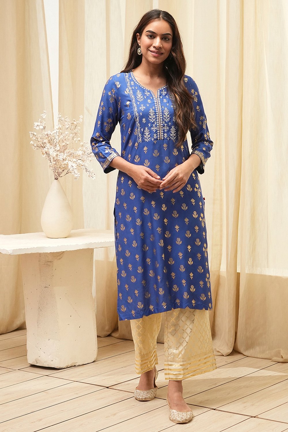 Navy Blue Rayon Straight Kurta Pants Set image number 6