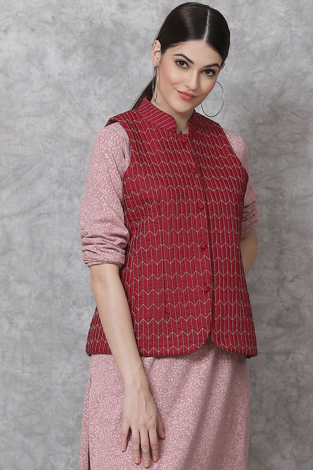 Wine Straight Art Silk Printed Jacket image number 0