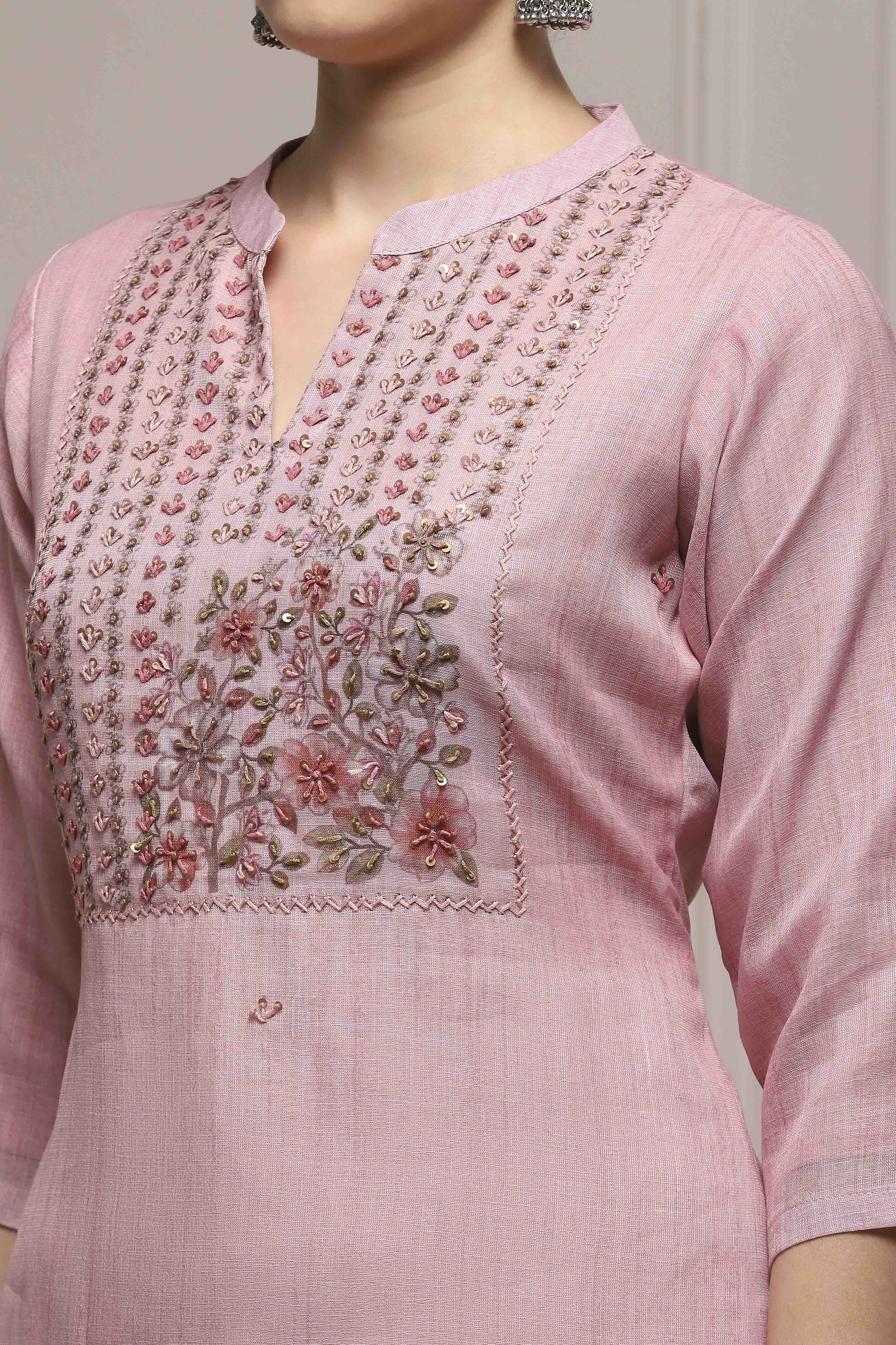 Pink Linen Blend Hand Embroidered Unstitched Suit Set image number 2