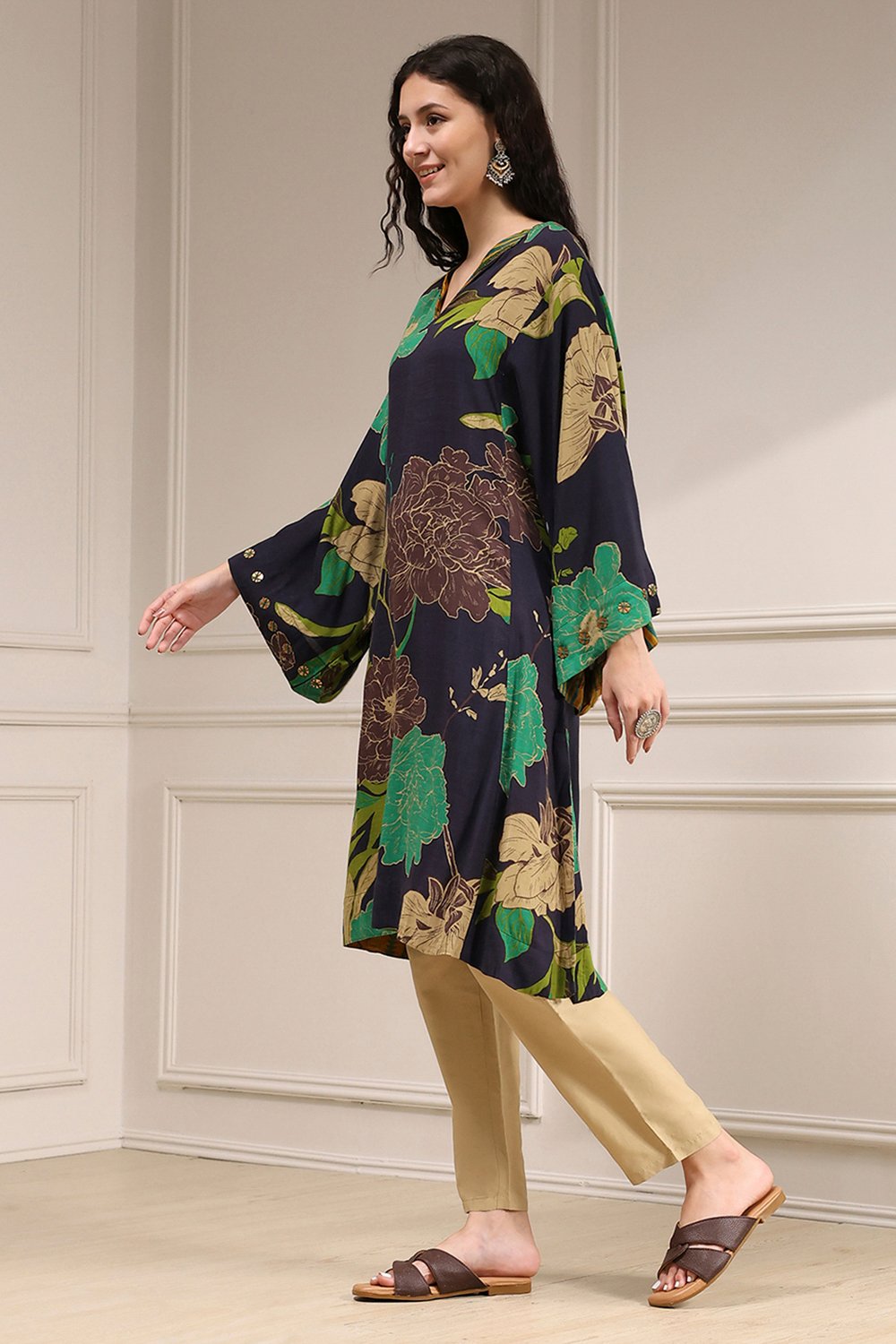 Charcoal Viscose Rayon A-Line Printed Kurta image number 1