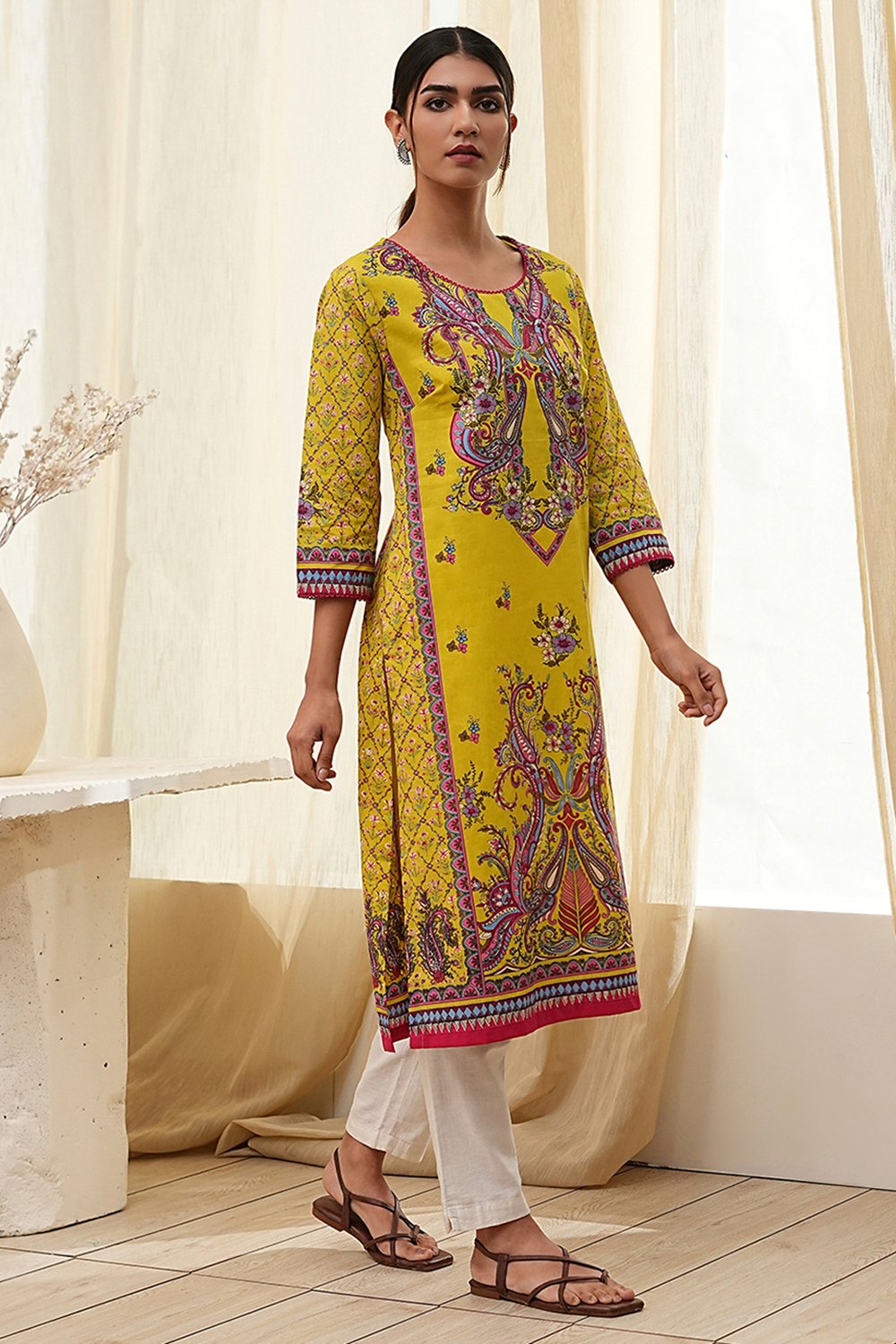 Blue Pure Cotton Printed Straight Kurta image number 4