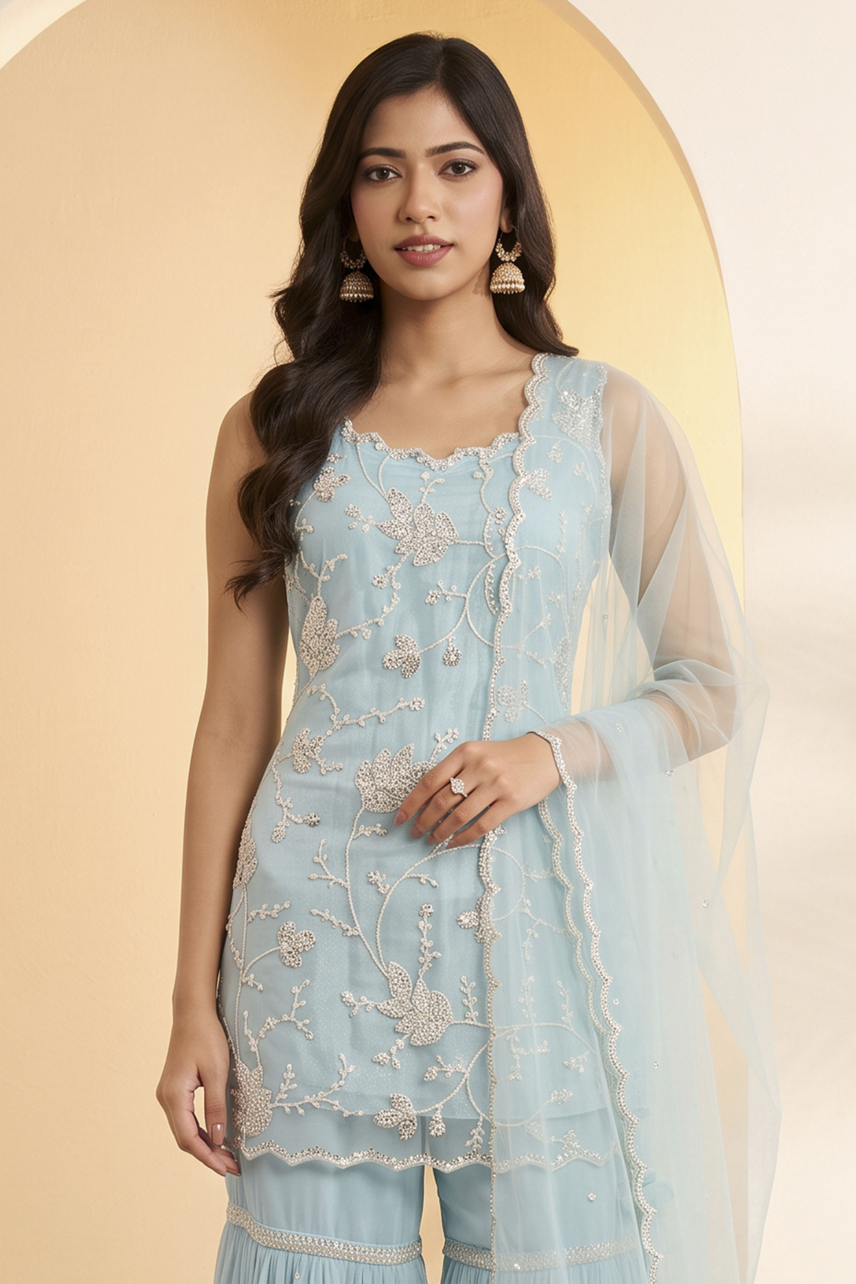 Powder Blue Nylon Embroidered Sharara Set with Net Dupatta image number 1