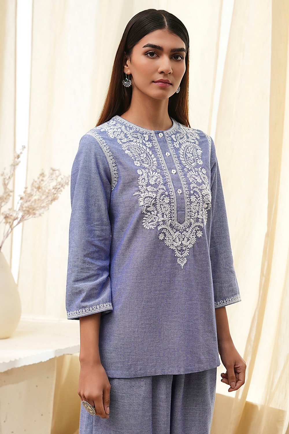 Dull Blue Cotton Straight Co-ord Set image number 1