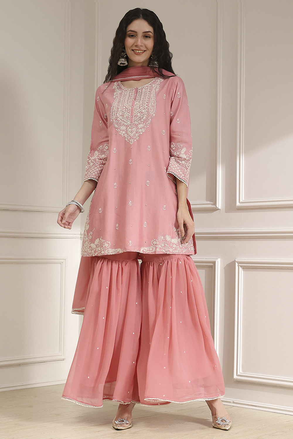 Light Pink Cotton Silk Embroidered Straight Suit Set image number 6