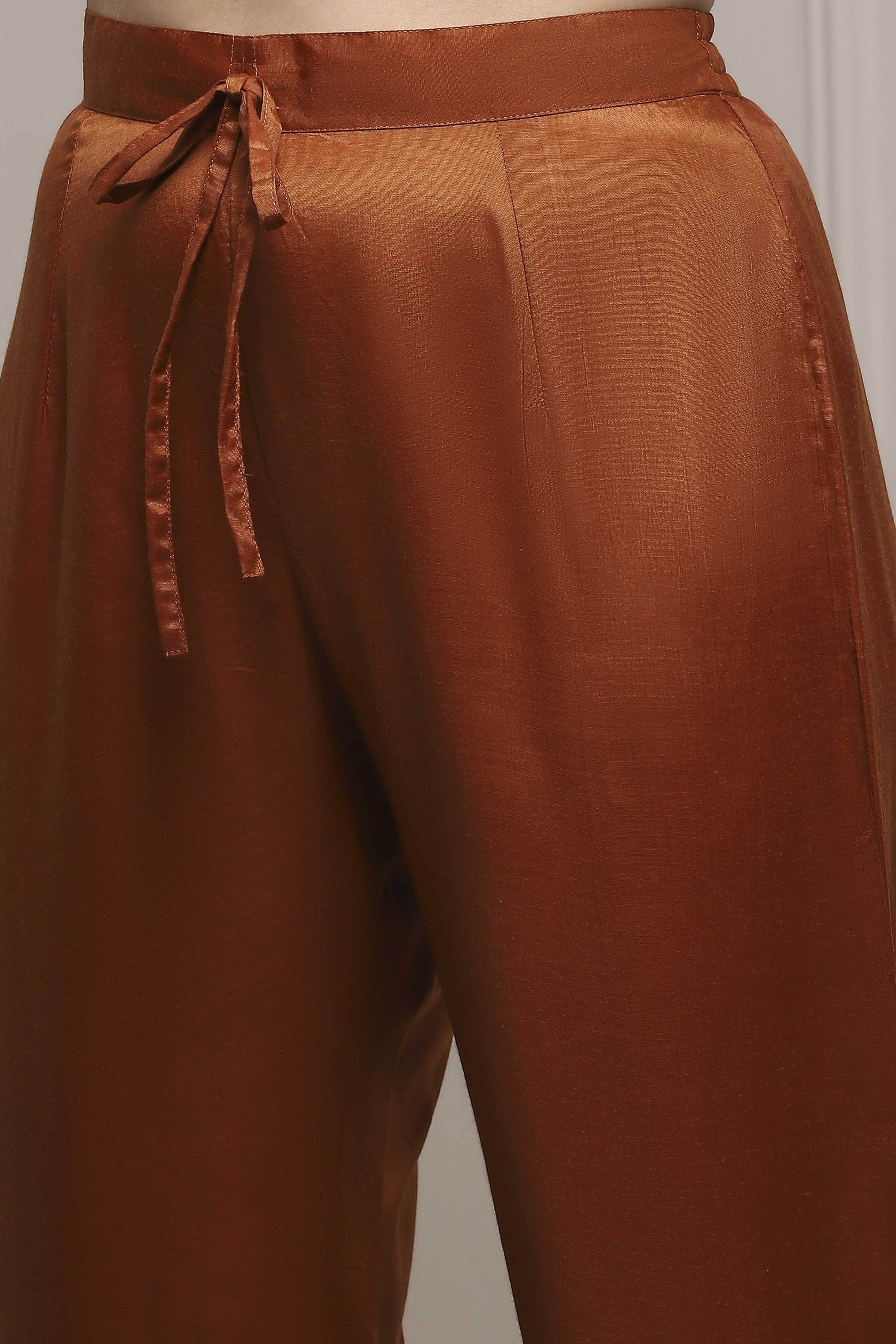 Orange Chanderi Blend Printed Embroidered Unstitched Suit Set image number 3