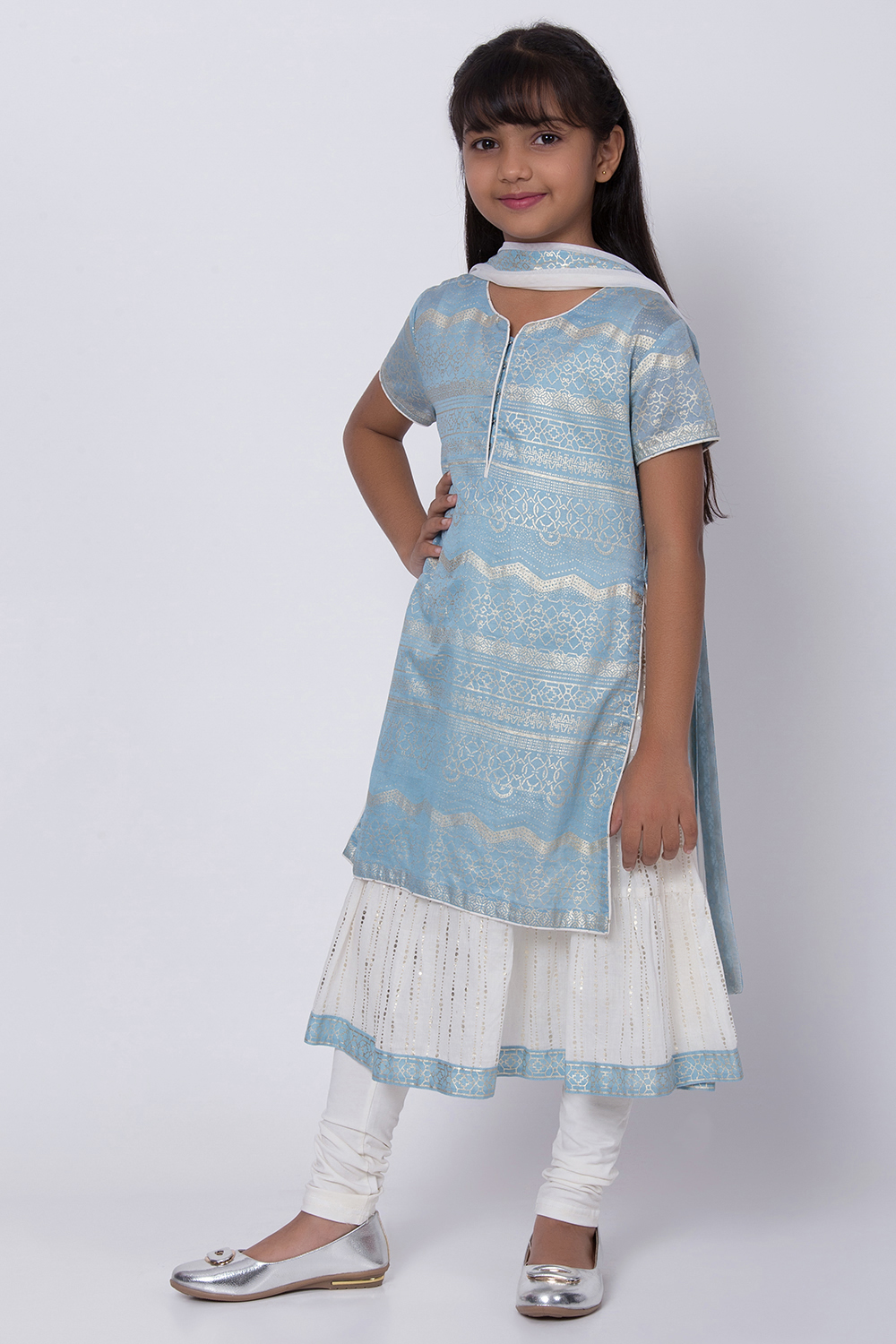 Blue Poly Cotton Straight Kurta Churidar Suit Set image number 3