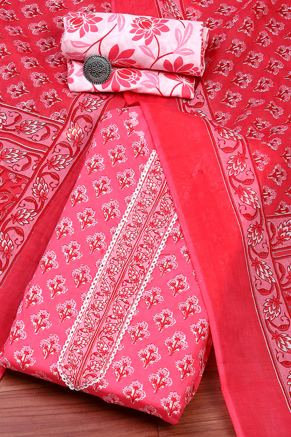 Pink Cotton Screen Print Unstitched Suit Set image number 0