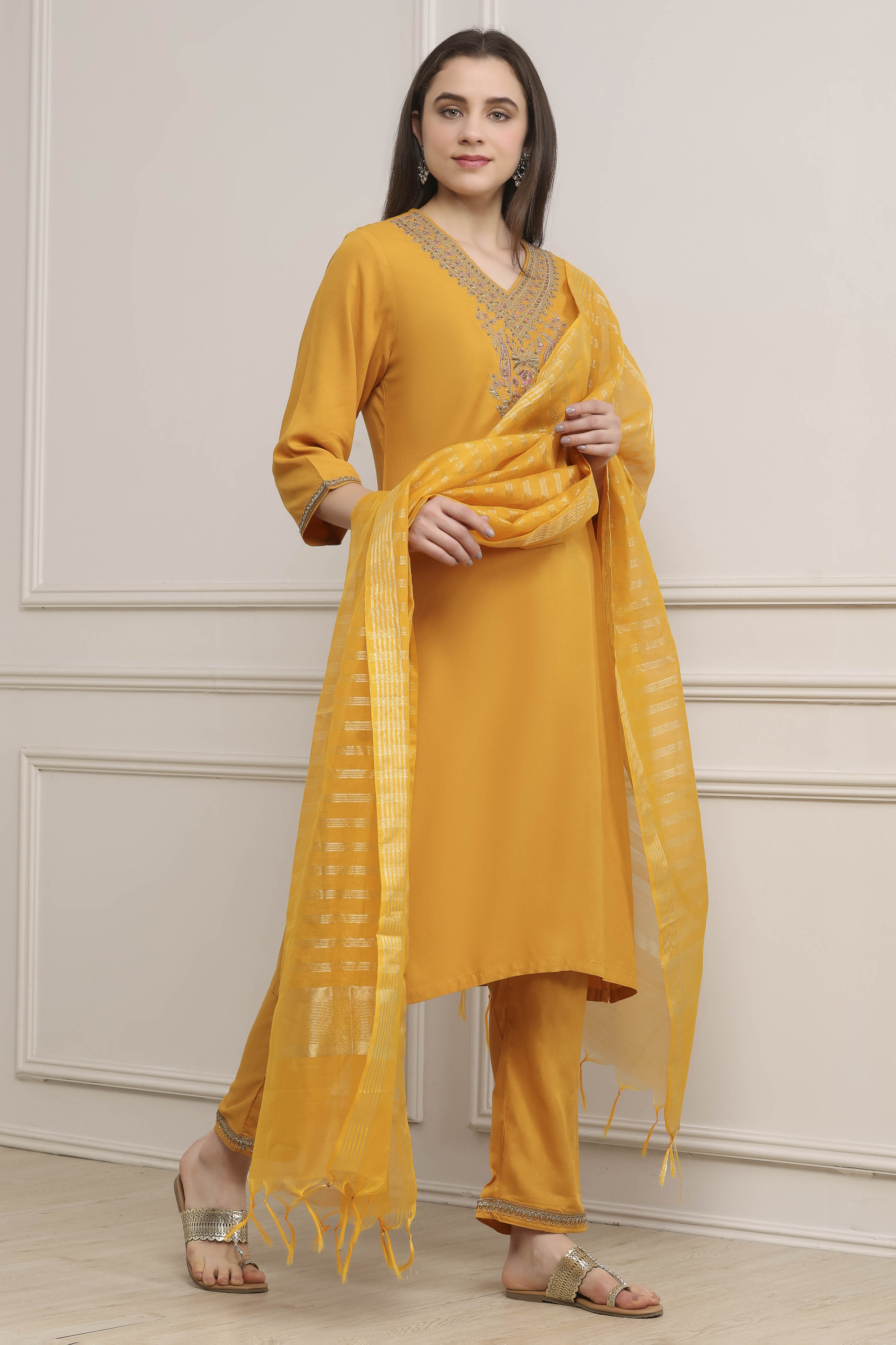 Yellow Viscose Rayon Straight Suit Set image number 5