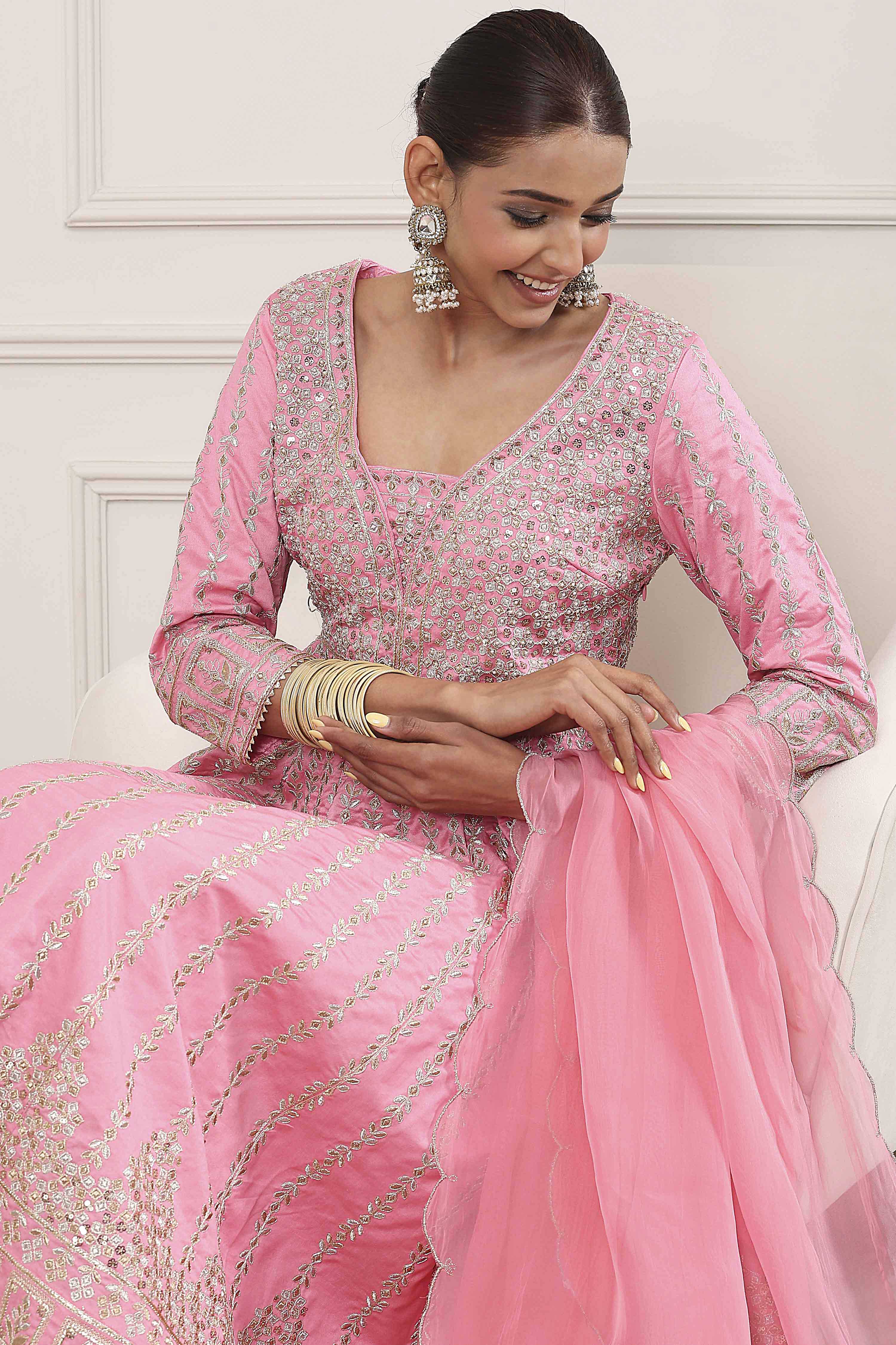 Rose Pink Cotton Silk Embroidered Anarkali Suit Set image number 5