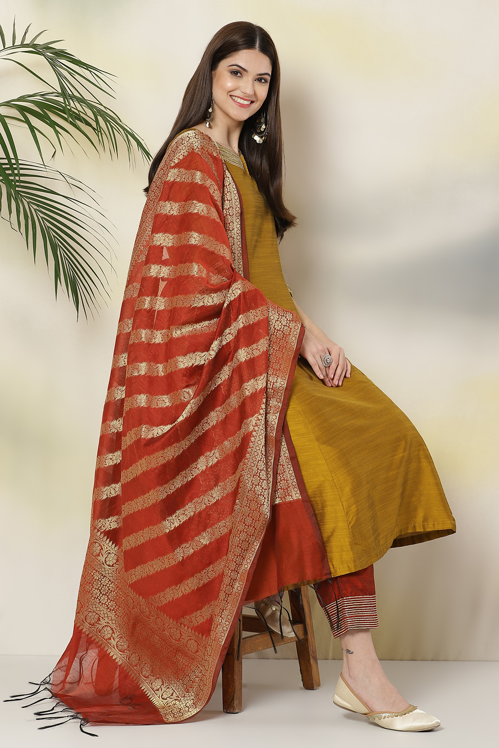 Mustard Poly Viscose Anarkali Kurta Palazzo Suit Set image number 0