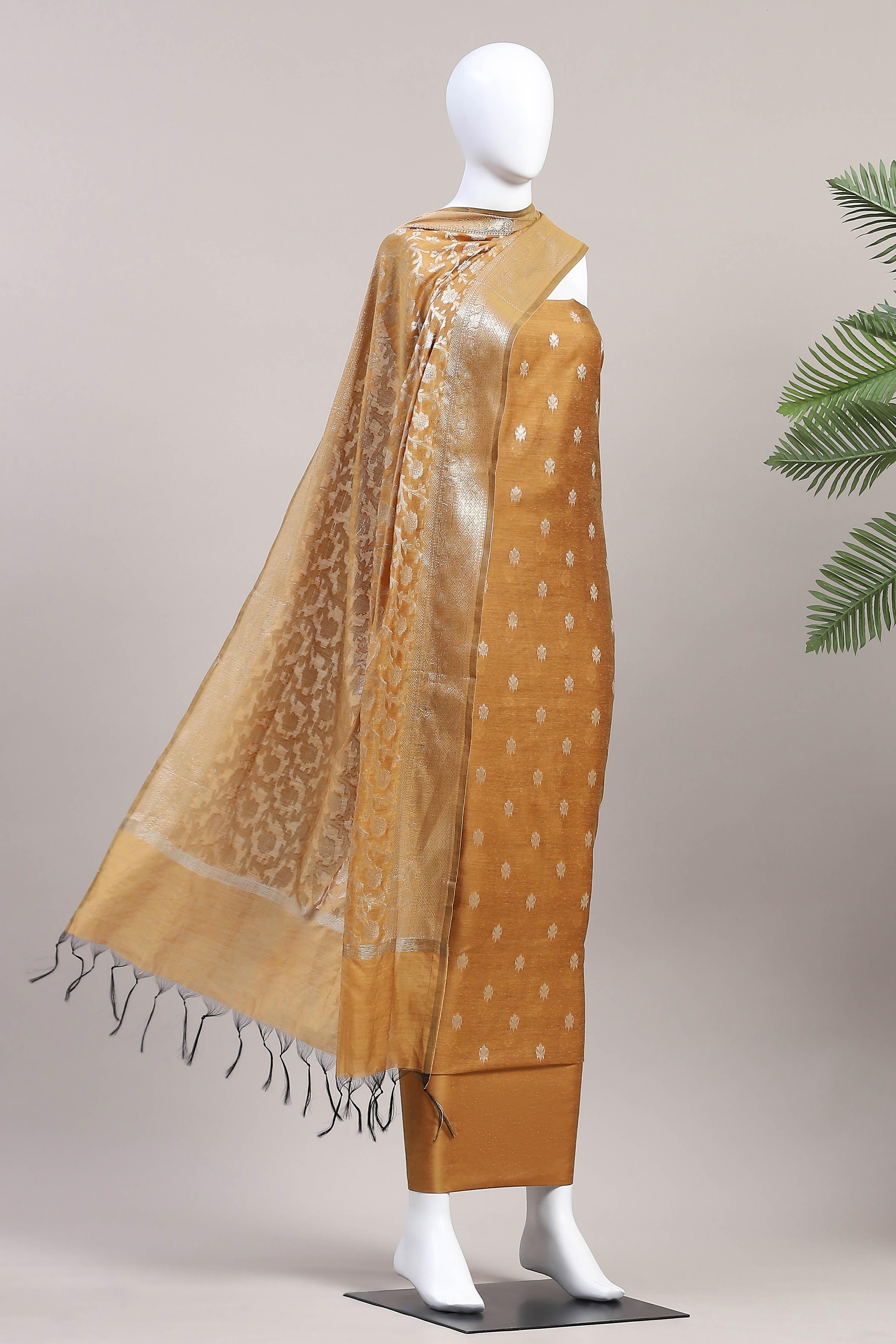 Mustard Cotton Printed Embroidered Unstitched Suit Set image number 4