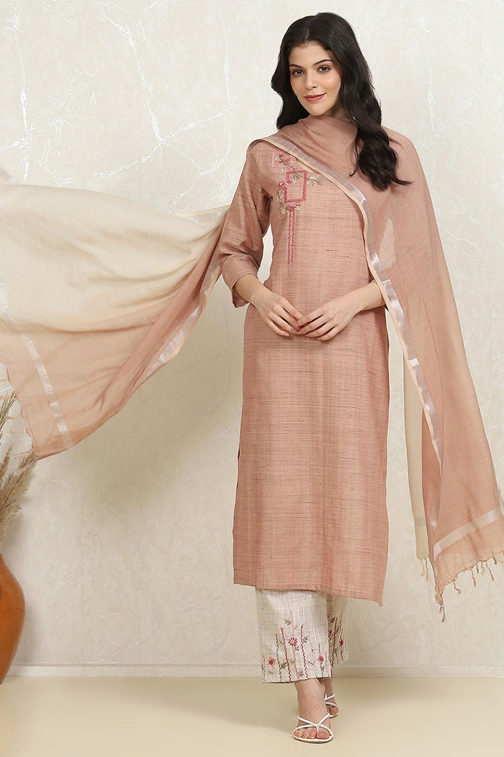 Beige Linen Hand Embroidered Unstitched Suit Set image number 1