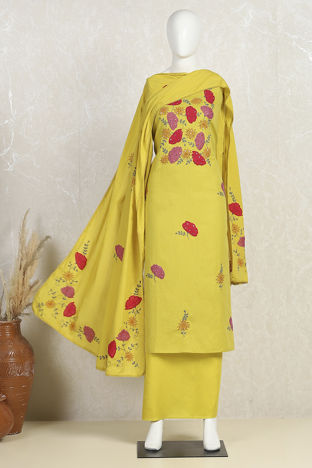 Yellow Cotton Applique Unstitched Suit Set image number 4