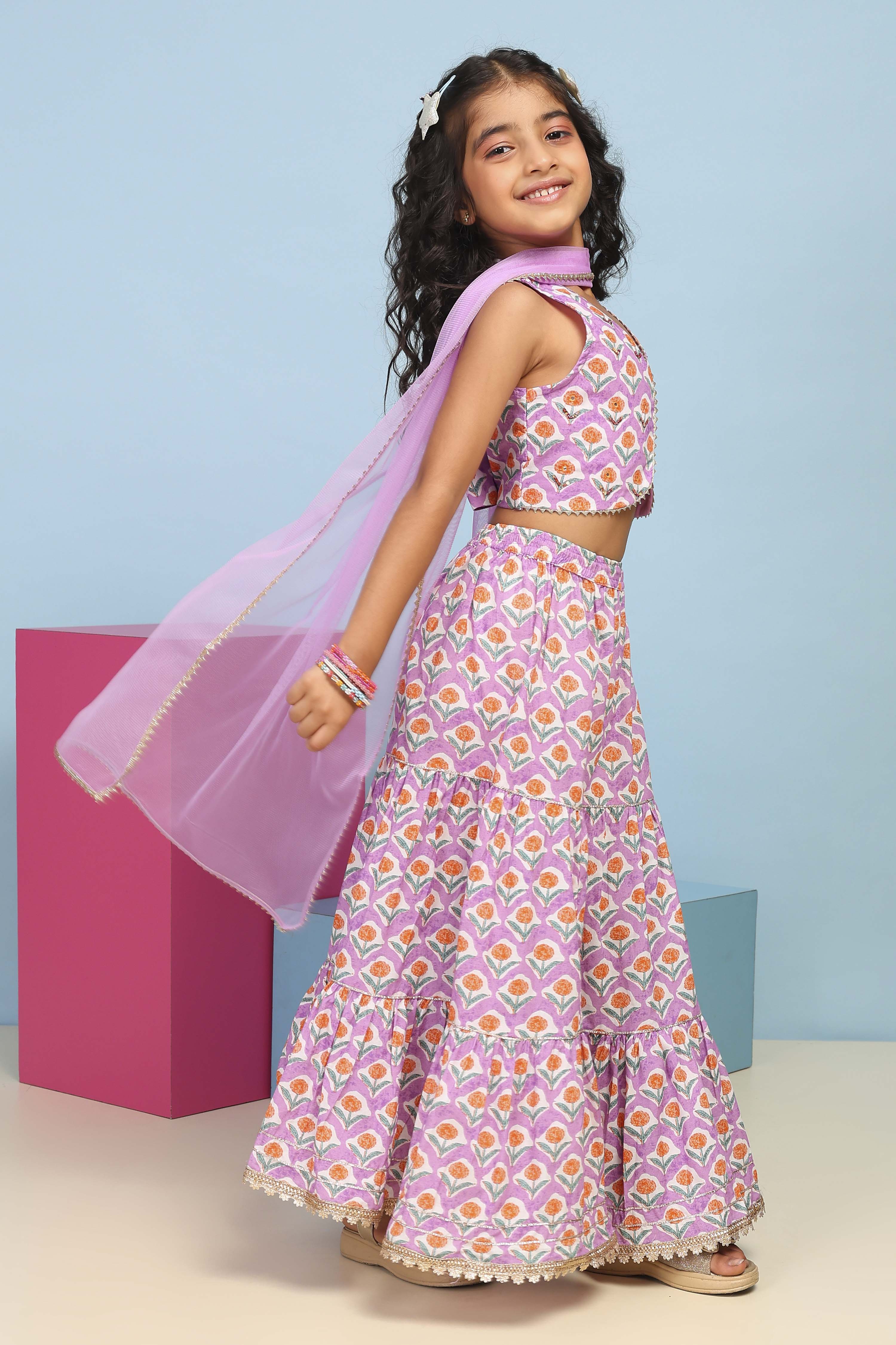 Lilac Cotton Printed Straight Lehenga Set image number 5
