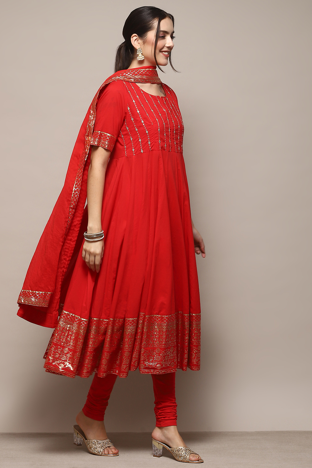 Red Cambric Anarkali Kurta Churidar Suit Set image number 6