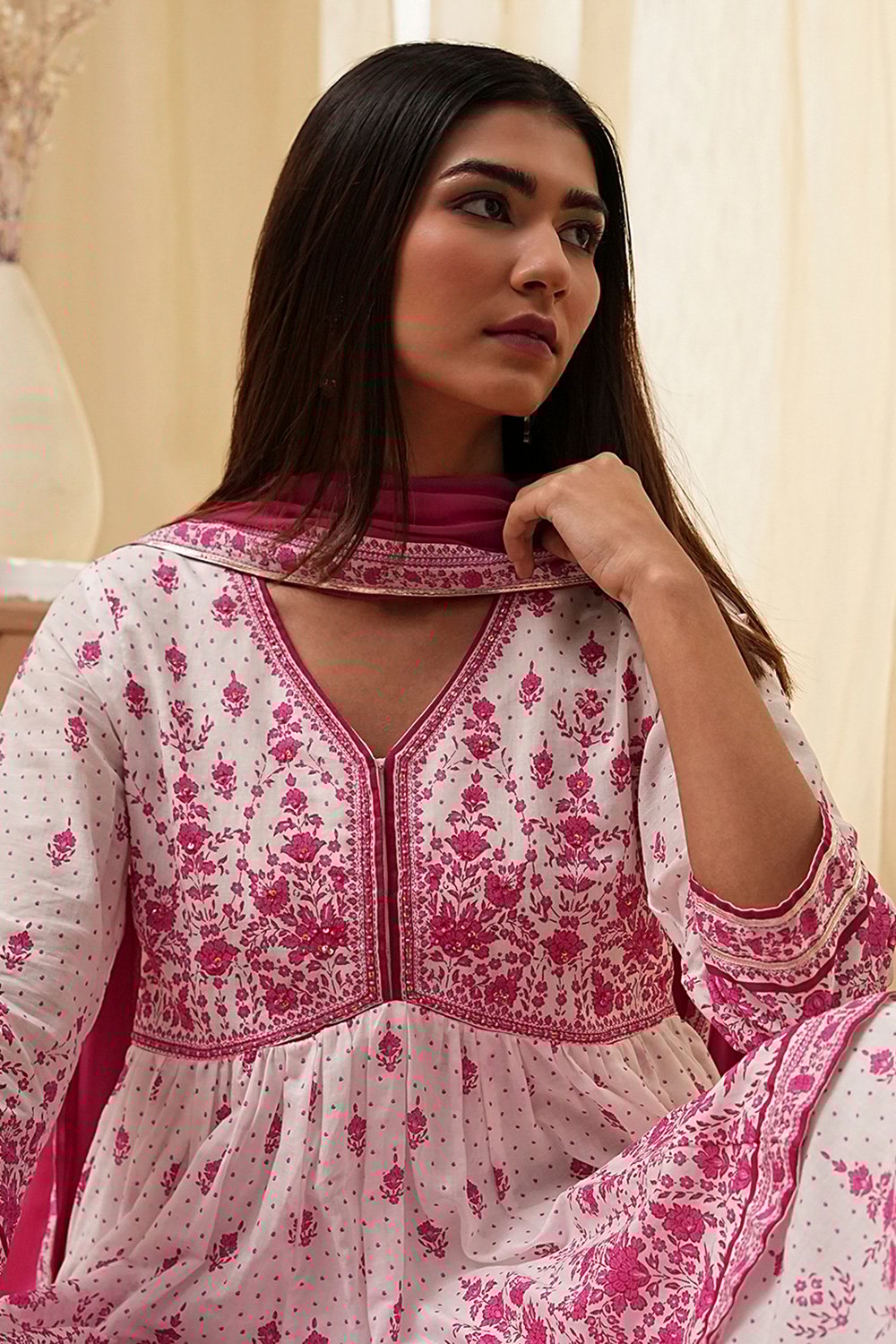 Off-White and Pink Cotton Peplum Suit Set image number 7