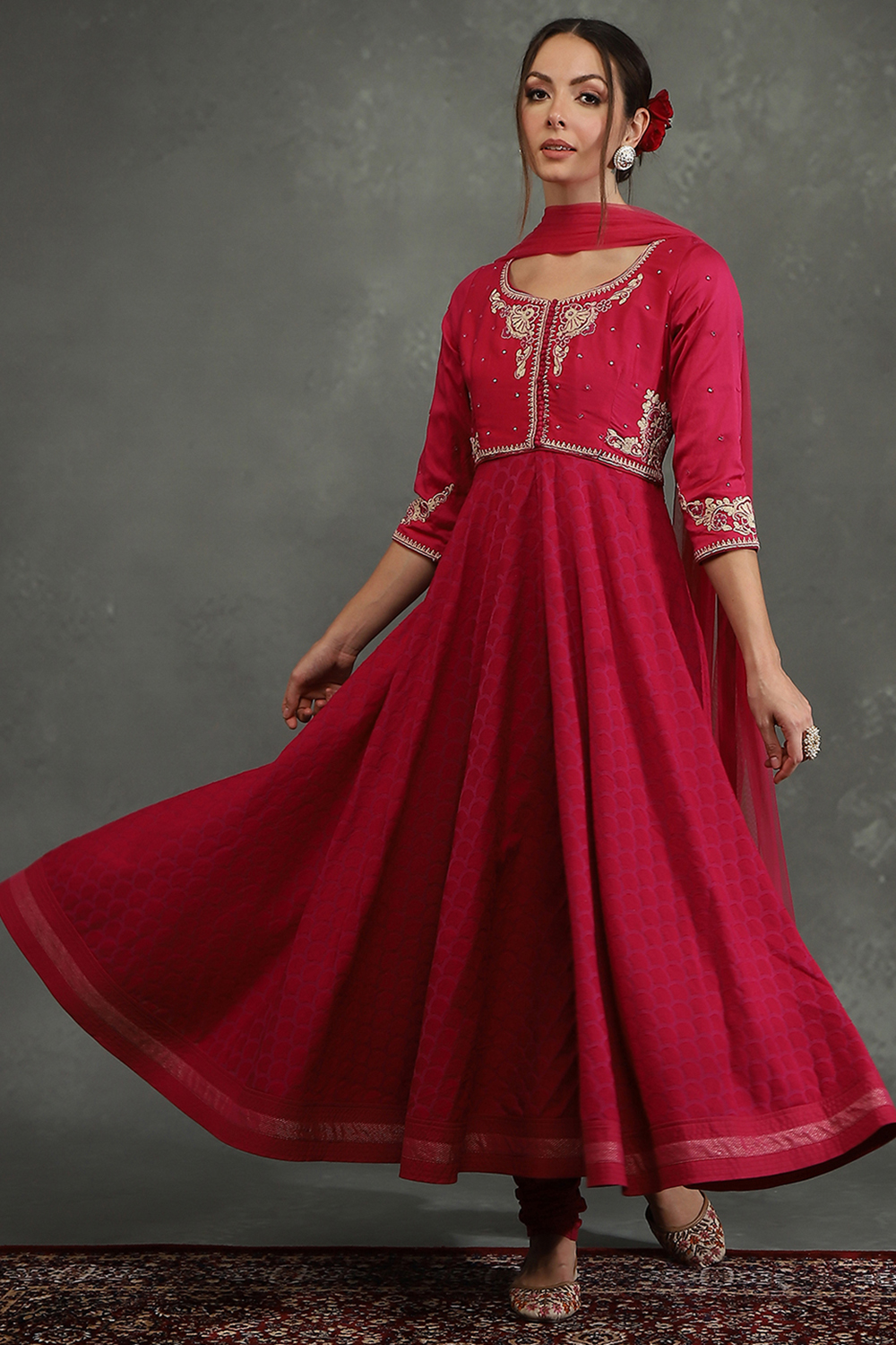 Cream-Toned Silk Chanderi Floral Anarkali Suit Set image number 0