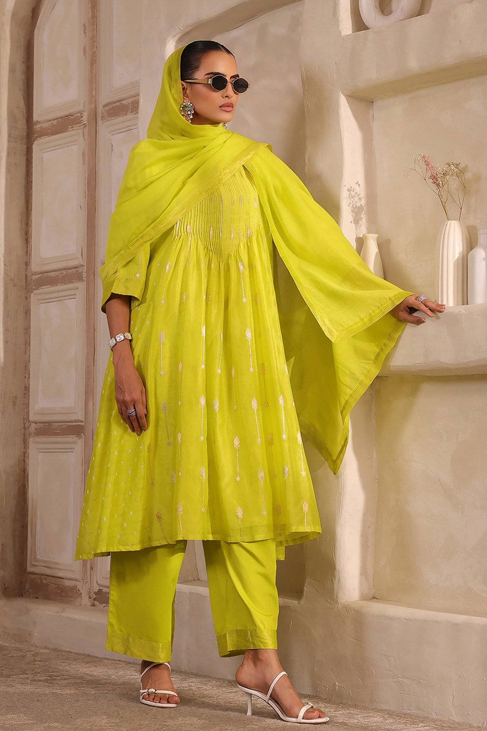 Lime Green Silk Gathered Yarndyed Suit Set image number 5