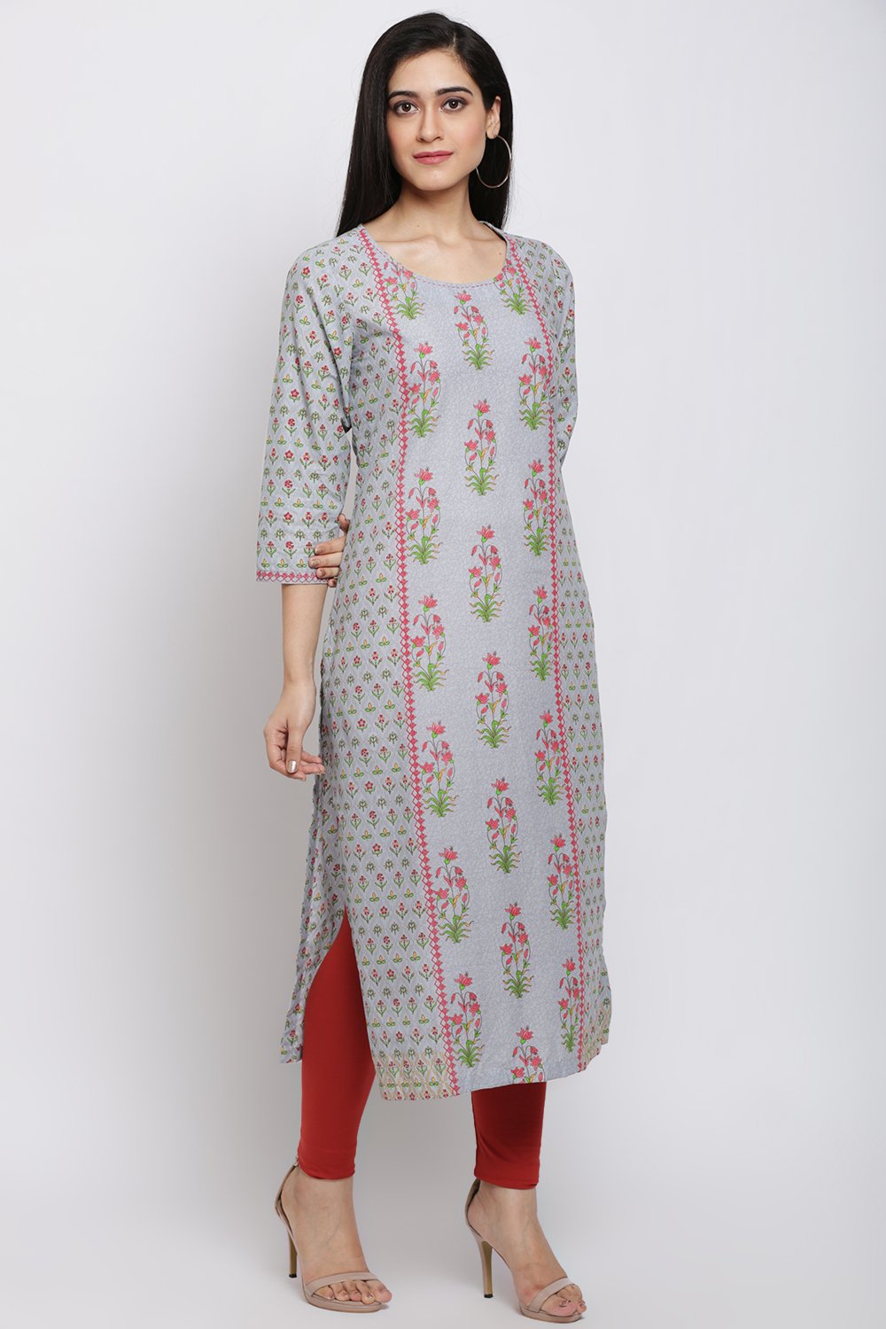 Grey Cotton Straight Printed Kurta image number 4