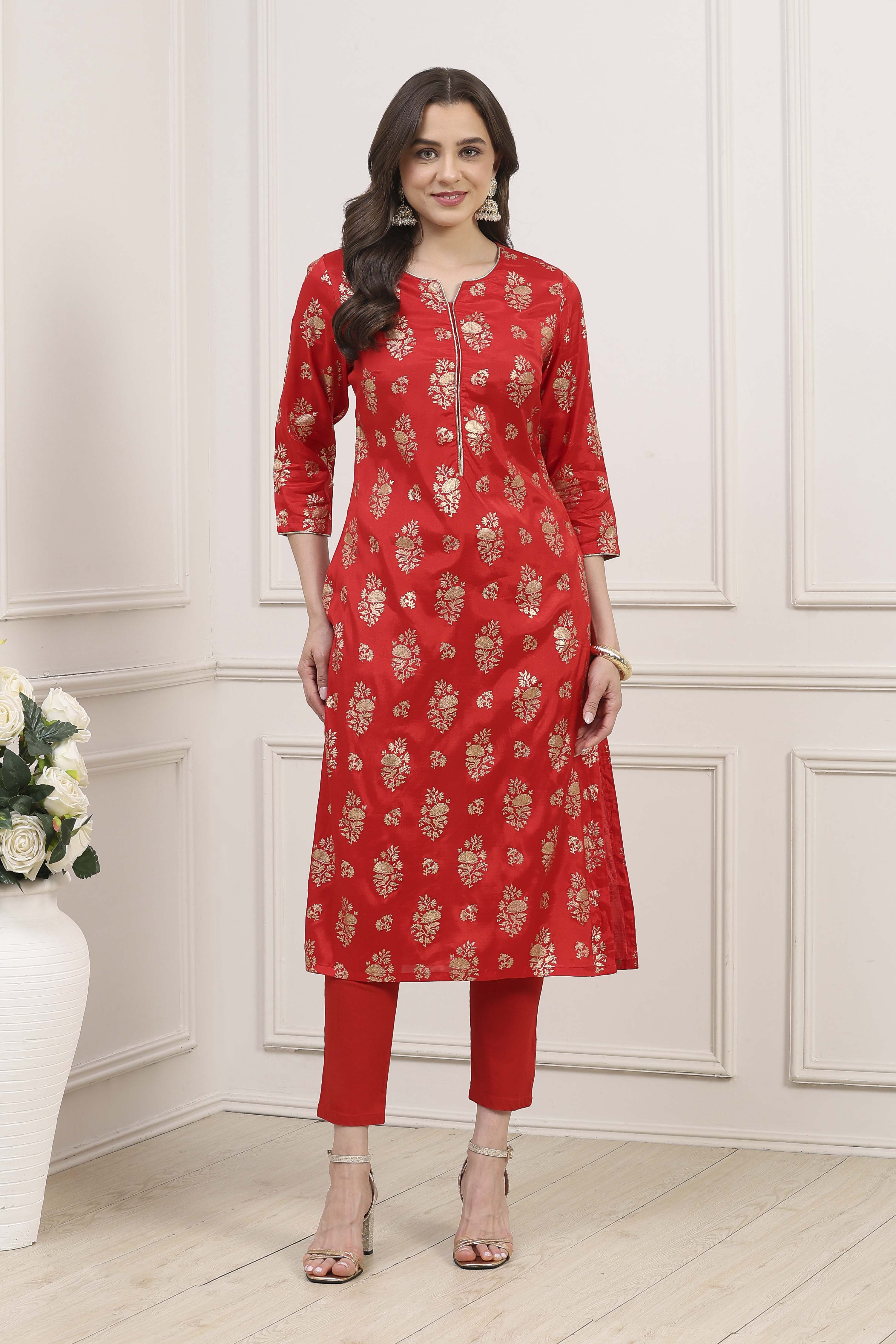 Red Viscose Rayon Printed Straight Kurta image number 5