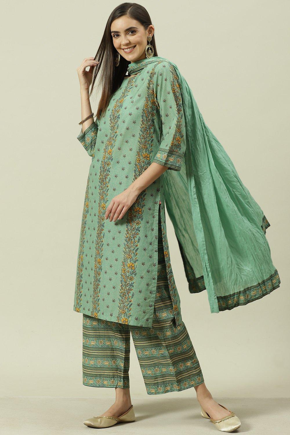 Sage Green Cotton Straight Kurta Palazzo Suit Set image number 5