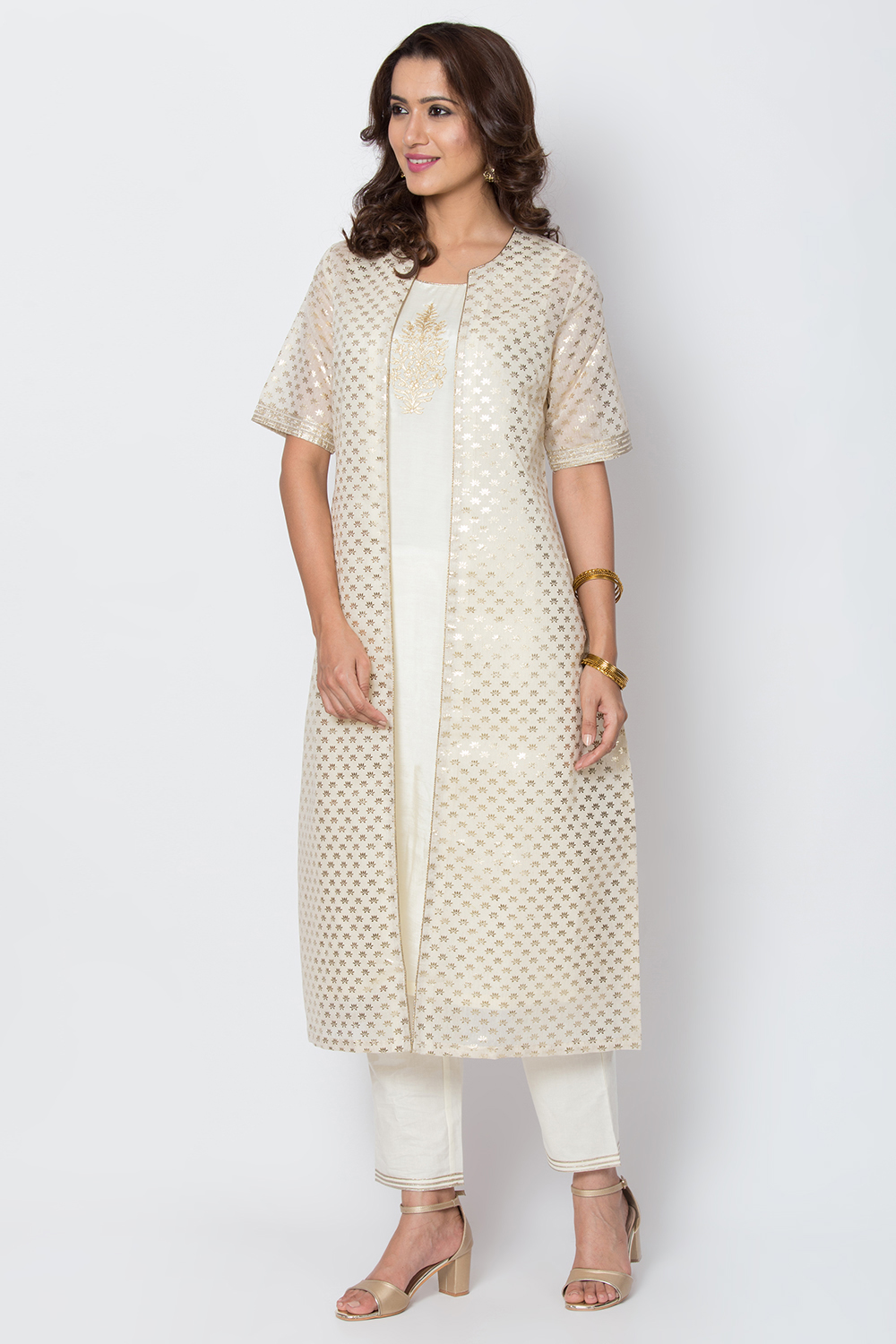 Cream Poly Cotton Front Open Kurta Pant Suit Set image number 2
