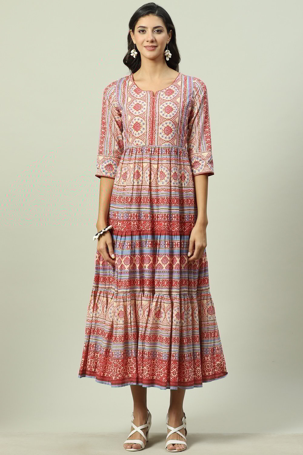 Cream Cotton Tiered Printed Dress image number 5