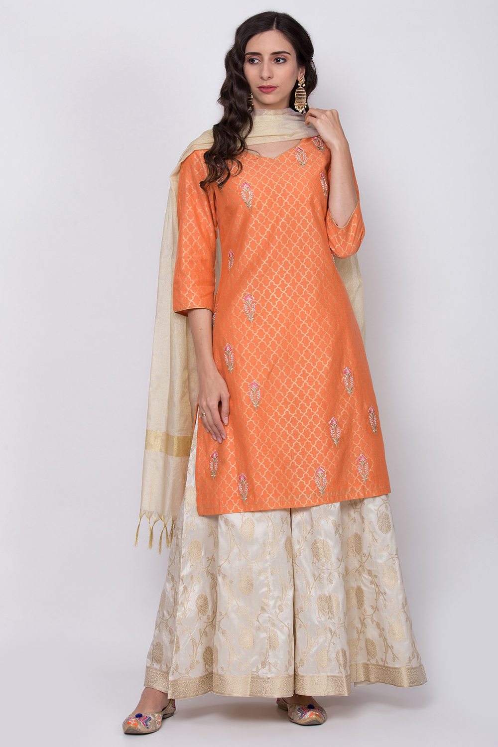 Orange Poly Cotton Kurta Sharara Suit Set image number 0