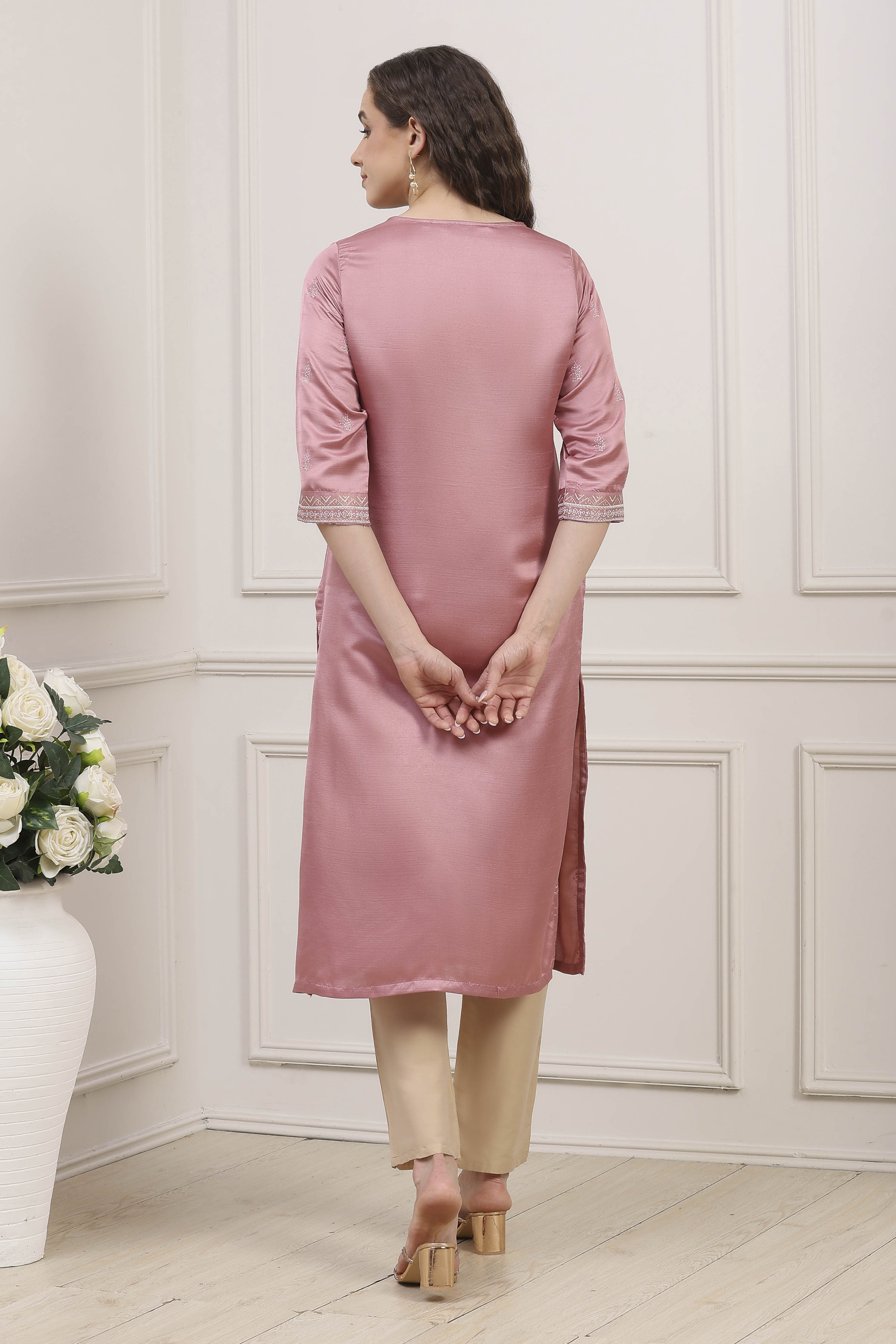 Dusty Pink Printed Straight Kurta image number 3