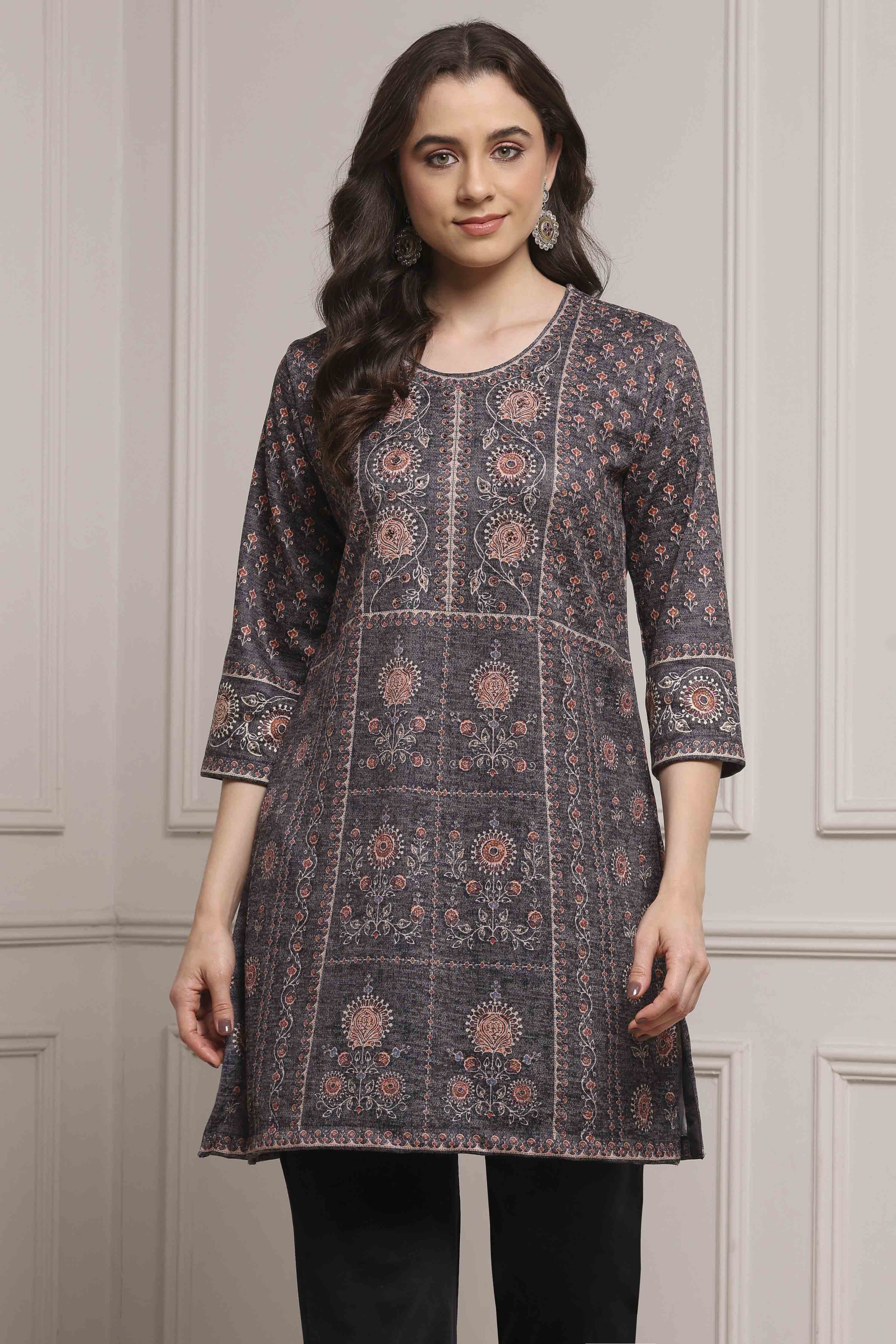 Brown Blended Printed Kurta image number 0