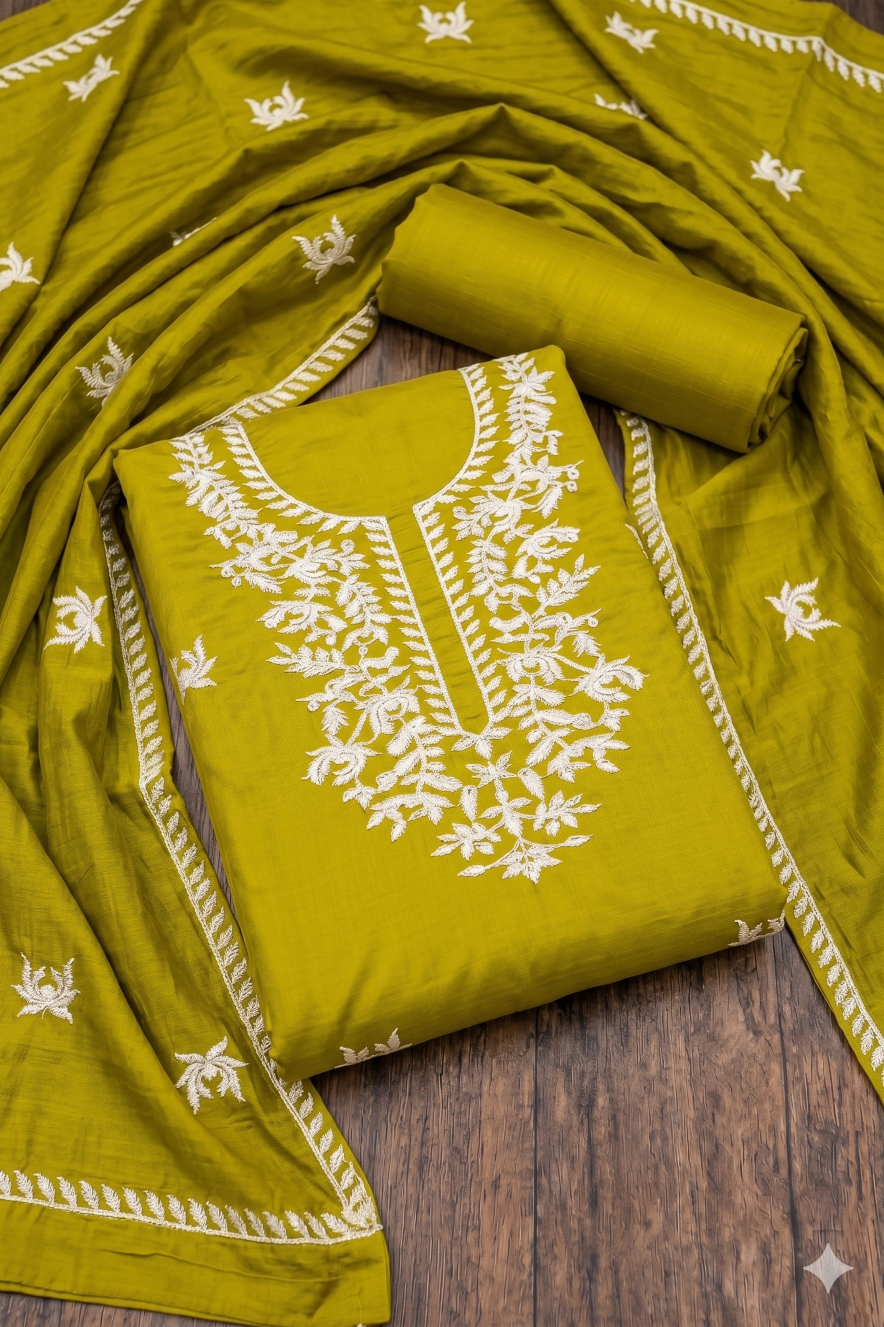 Green Chanderi Printed Unstitched Suit Set image number 0