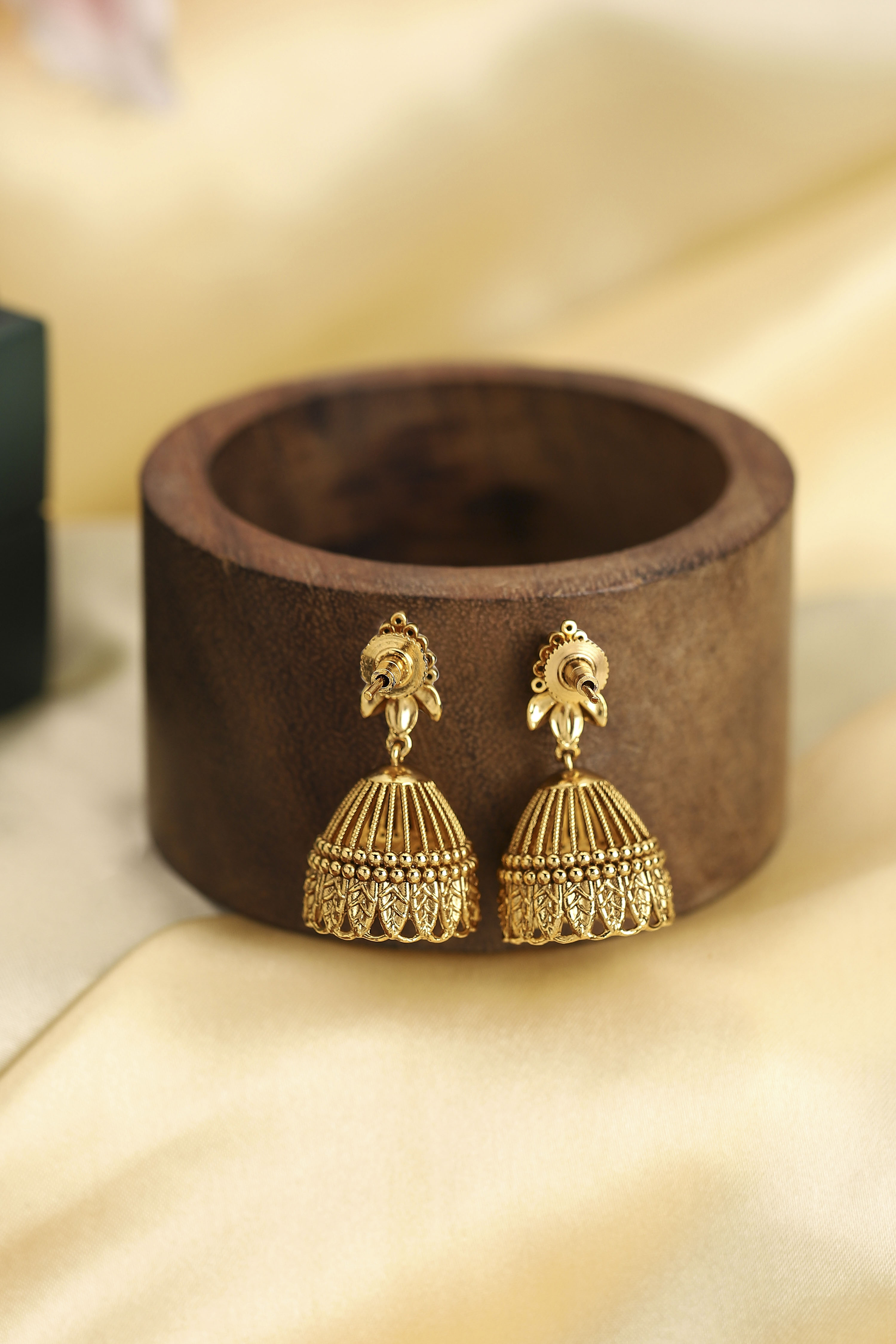 Green Gold Plated Studded Jhumkas image number 2