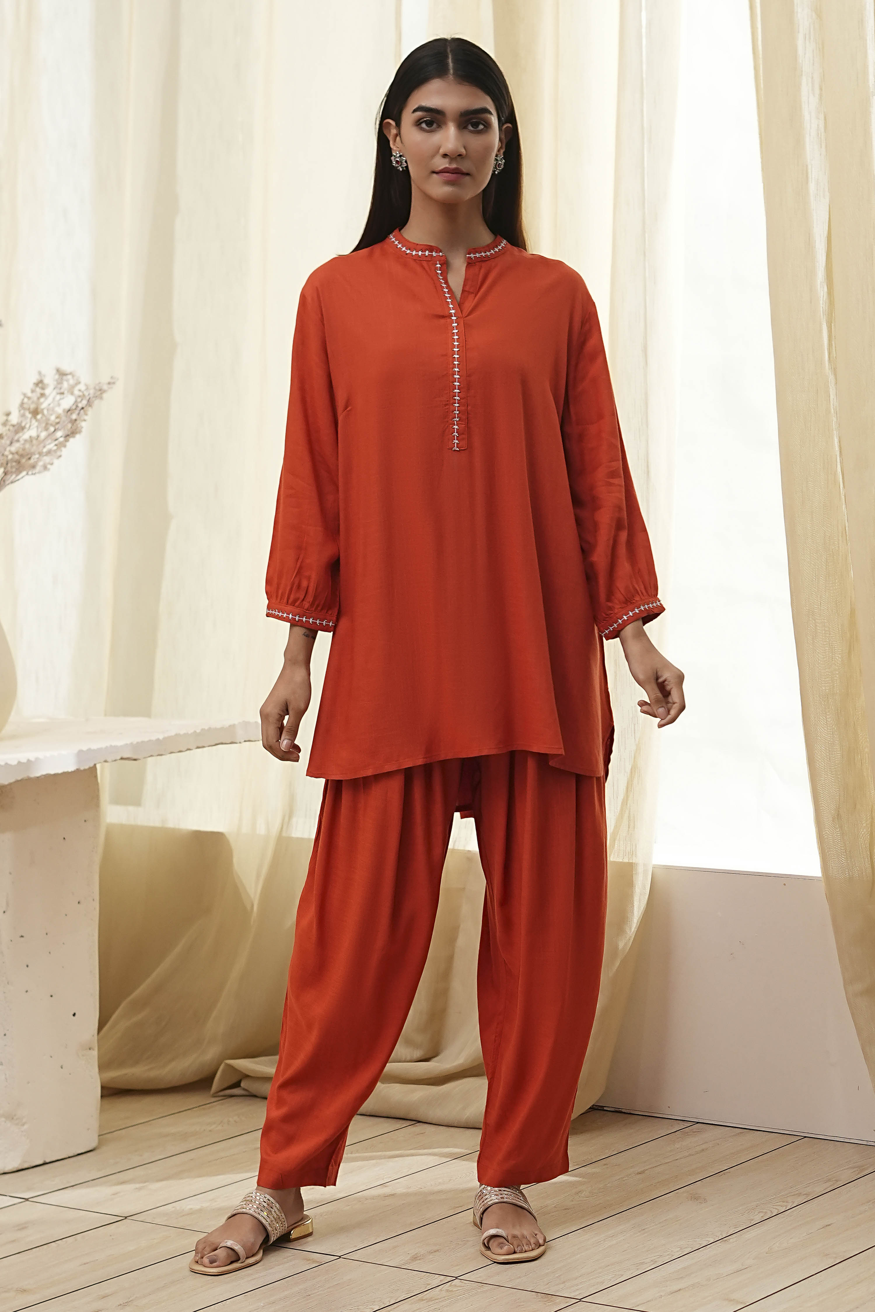 Burnt Orange Straight Solid Co-ord Set image number 6