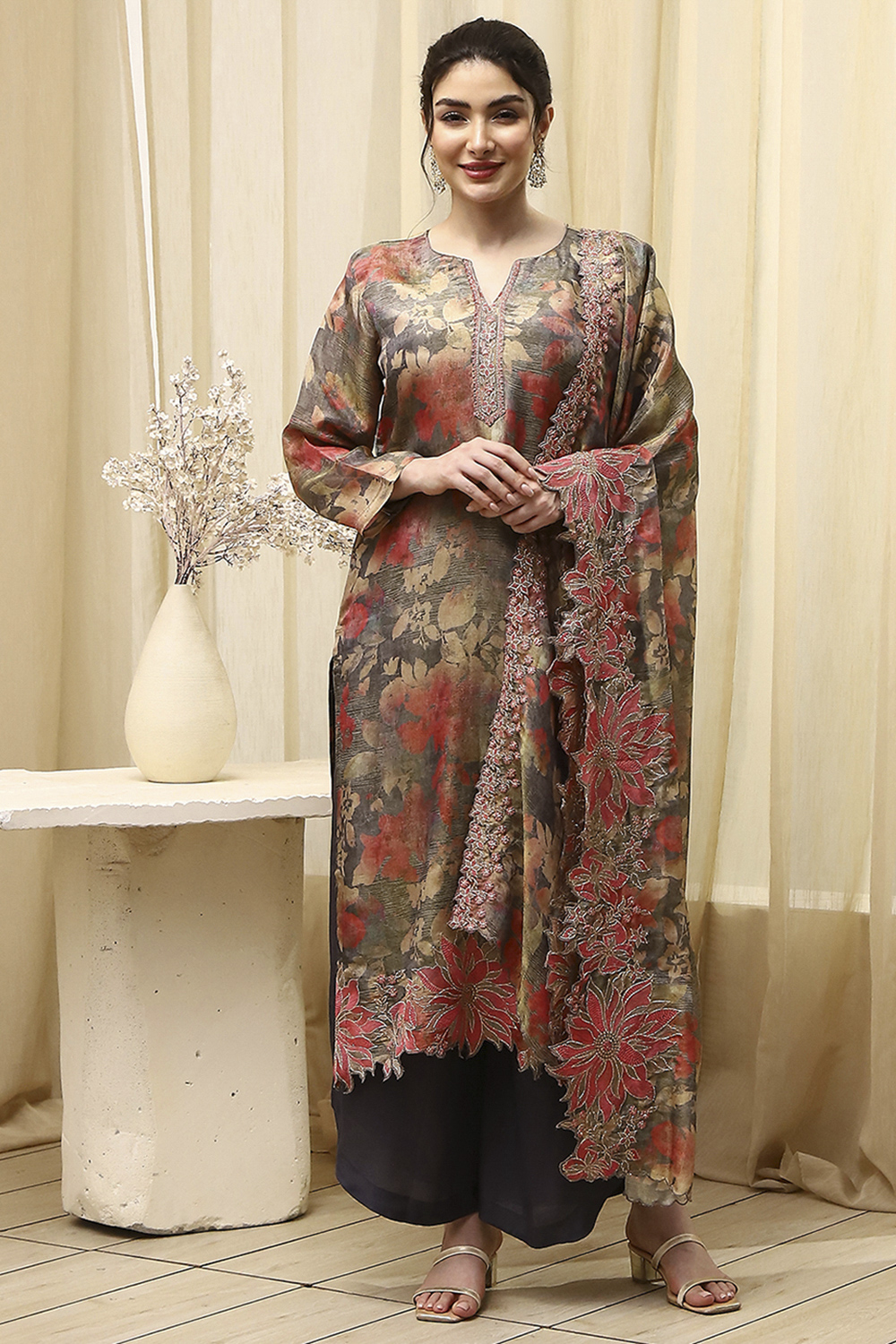 Grey Tissue Printed Embroidered Unstitched Suit Set image number 7
