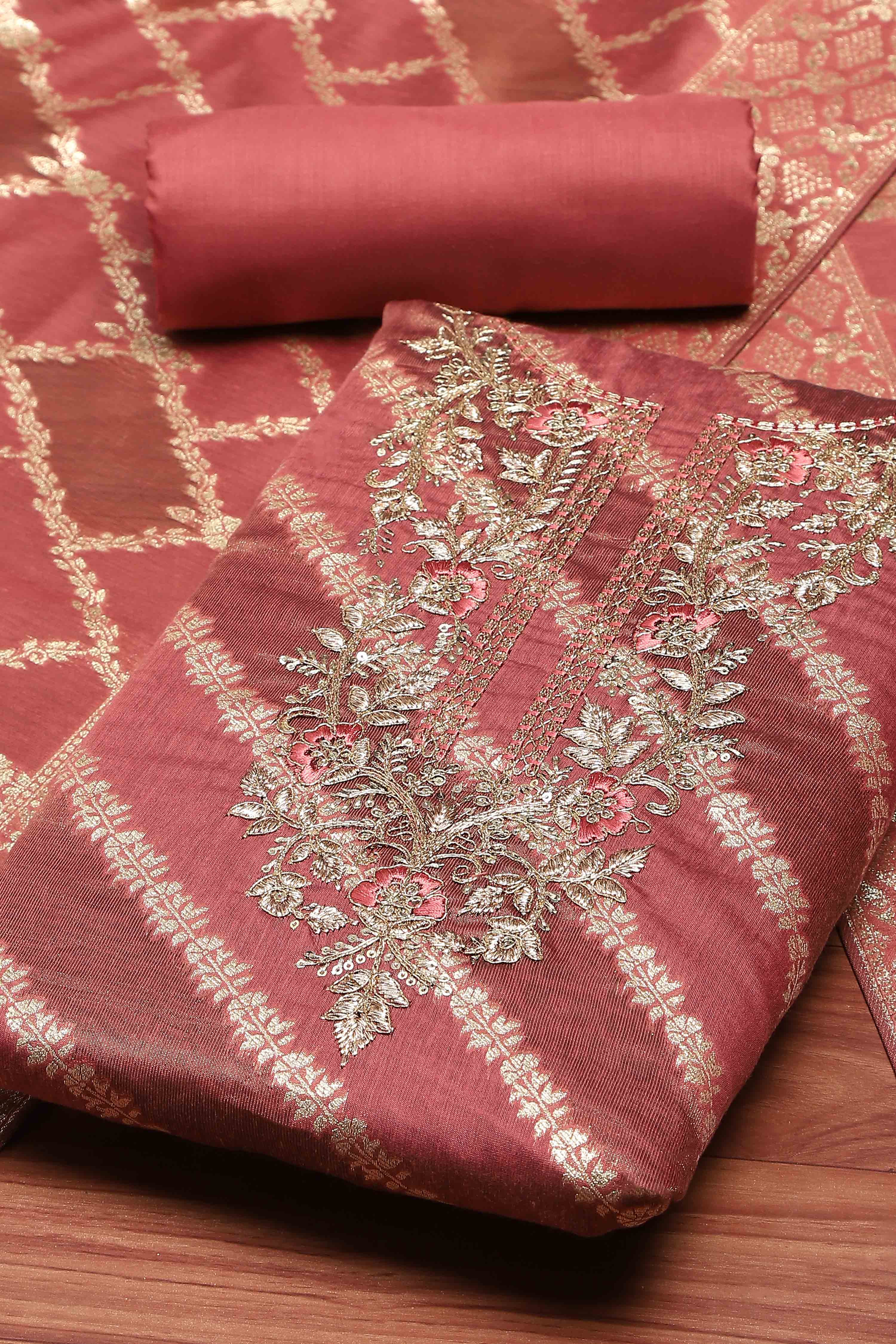 Botle Green Tissue Chanderi Embroidered Unstitched Suit Set image number 0