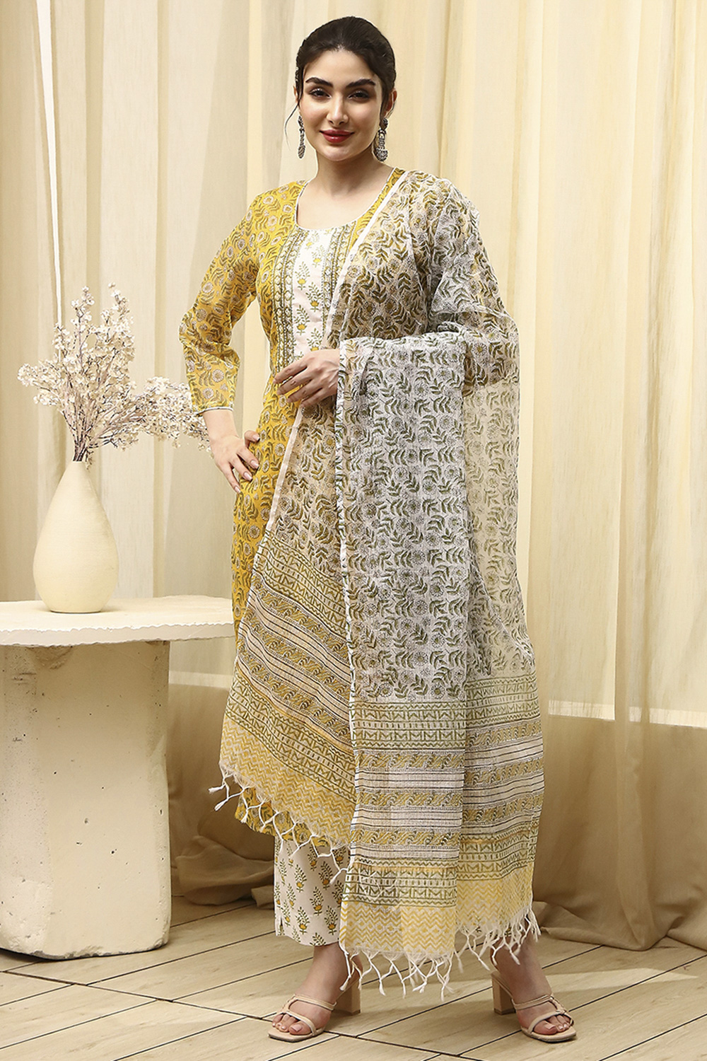 Coral Cotton Hand Block Print Unstitched Suit Set image number 1