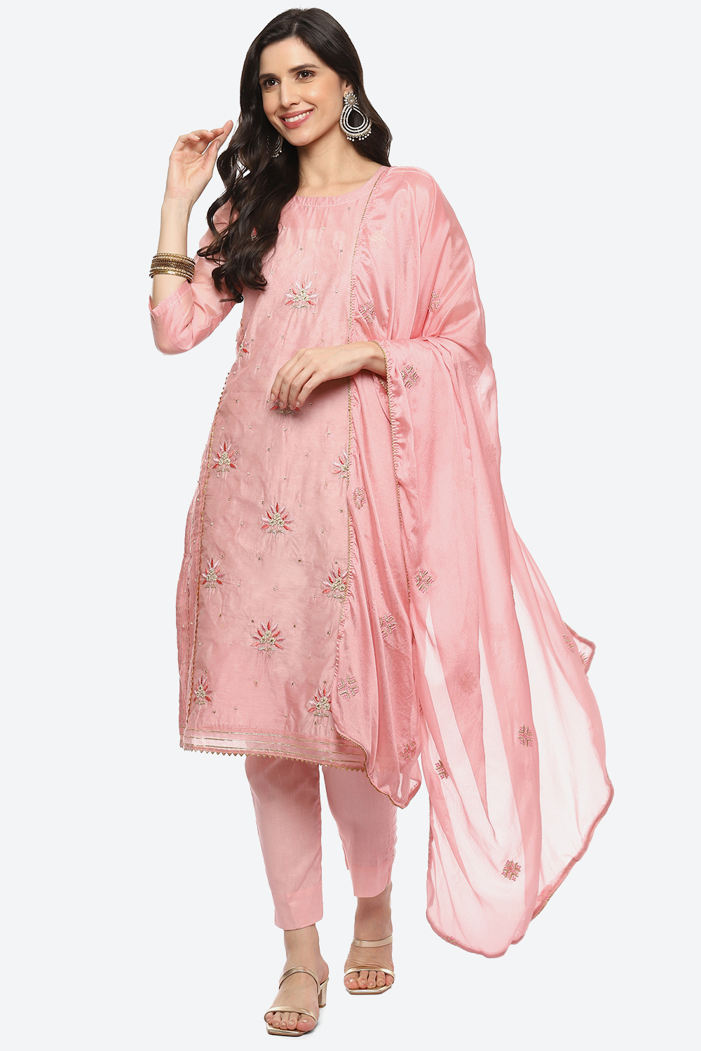 Pink Cotton Blend Unstitched Suit Set image number 0
