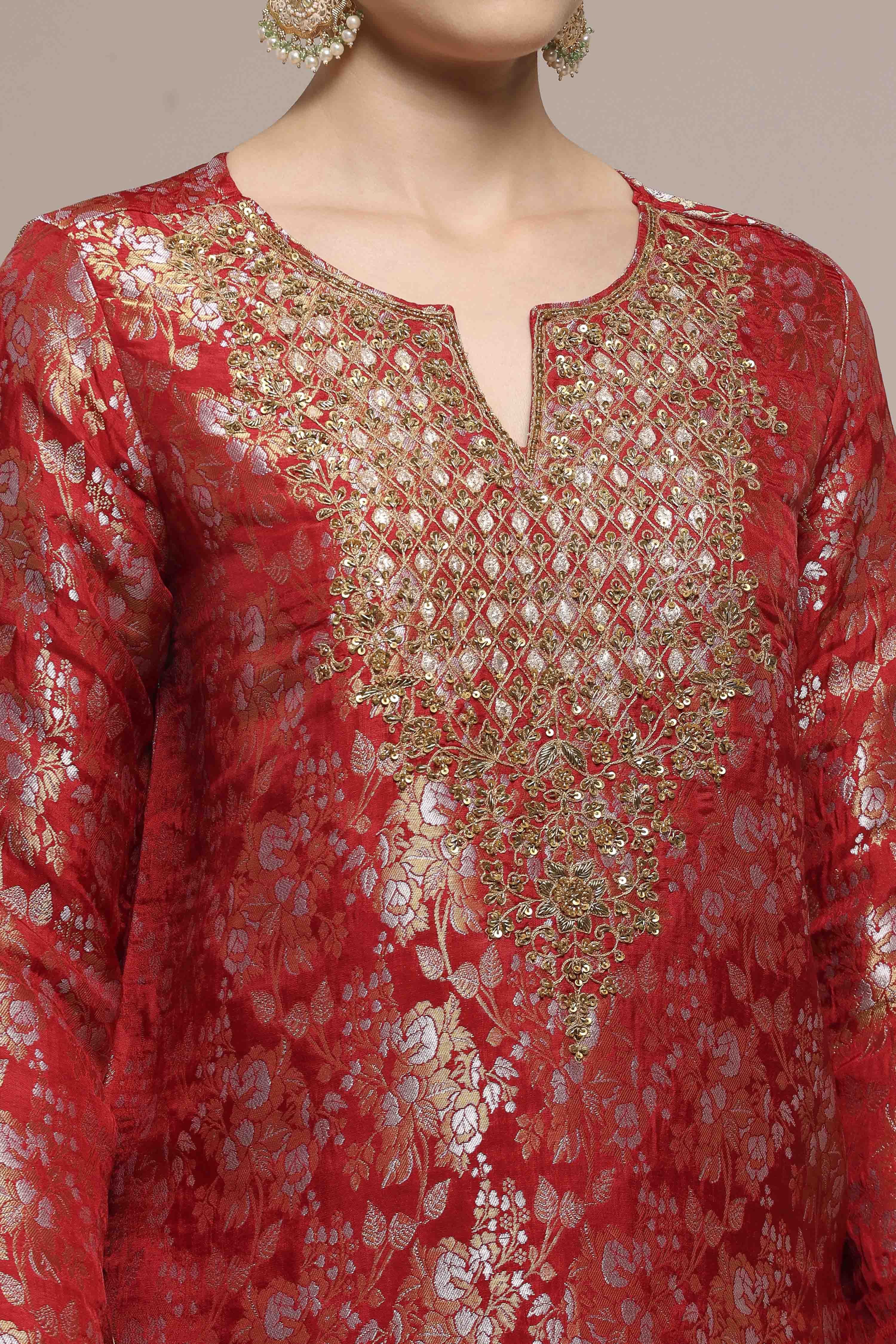 Red Viscose Rayon Straight Yarndyed Suit Set image number 1