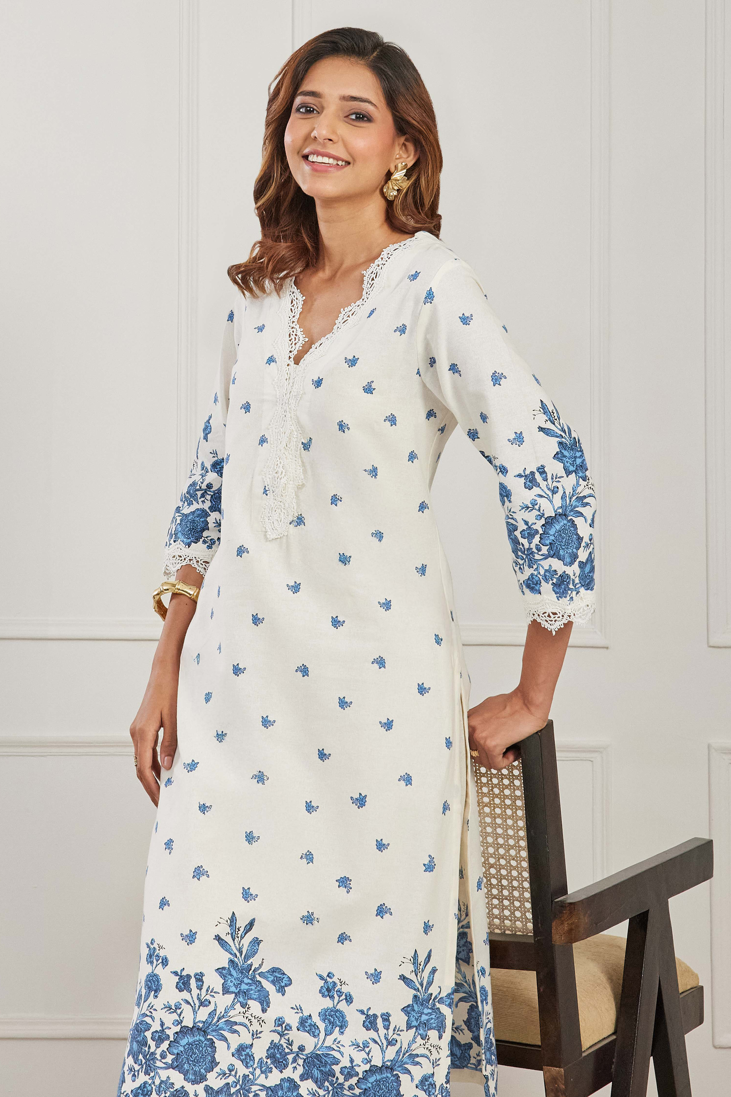 Blue Cotton Straight Kurta image number 7