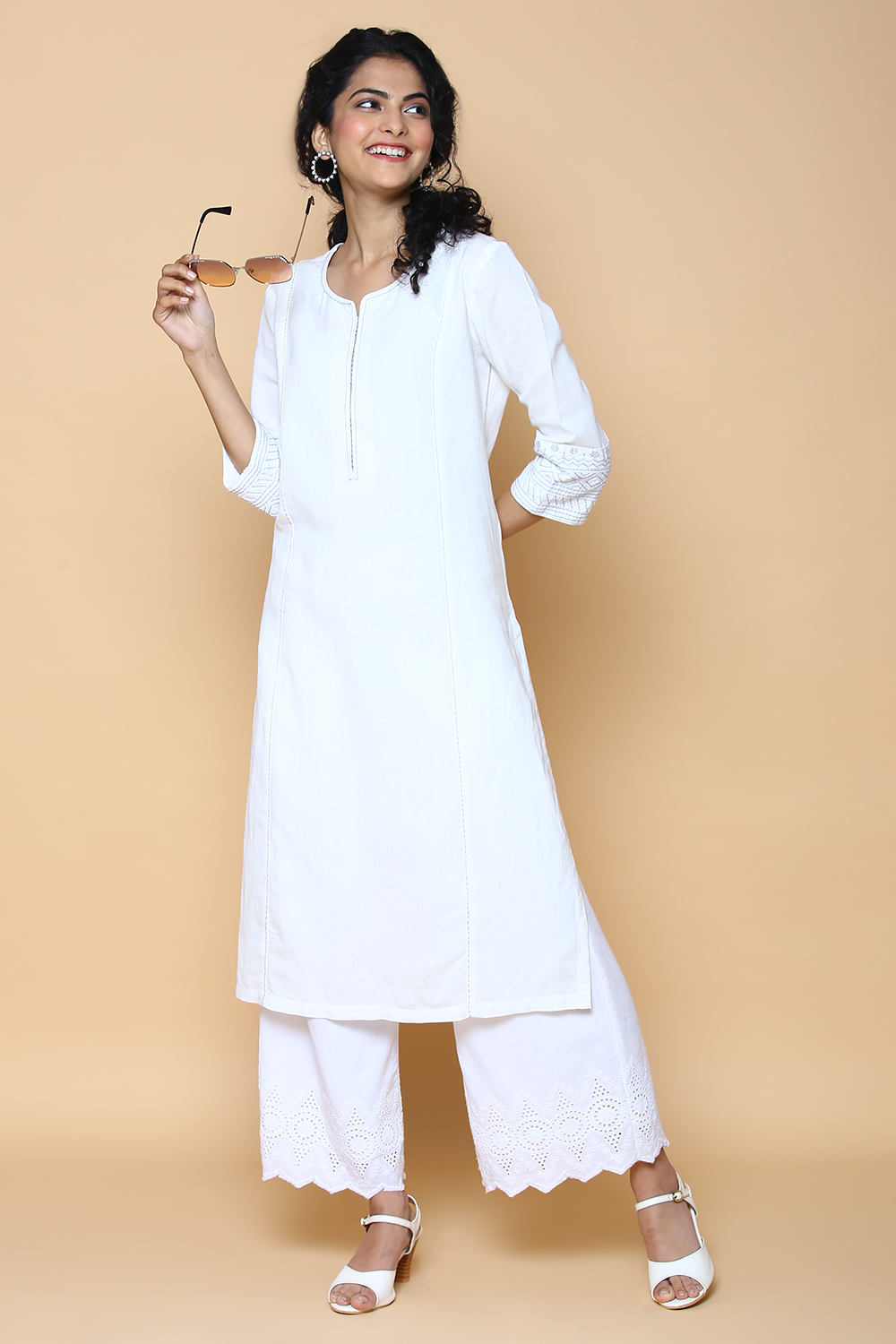 Peach Blue Cotton Linen Kurta image number 4