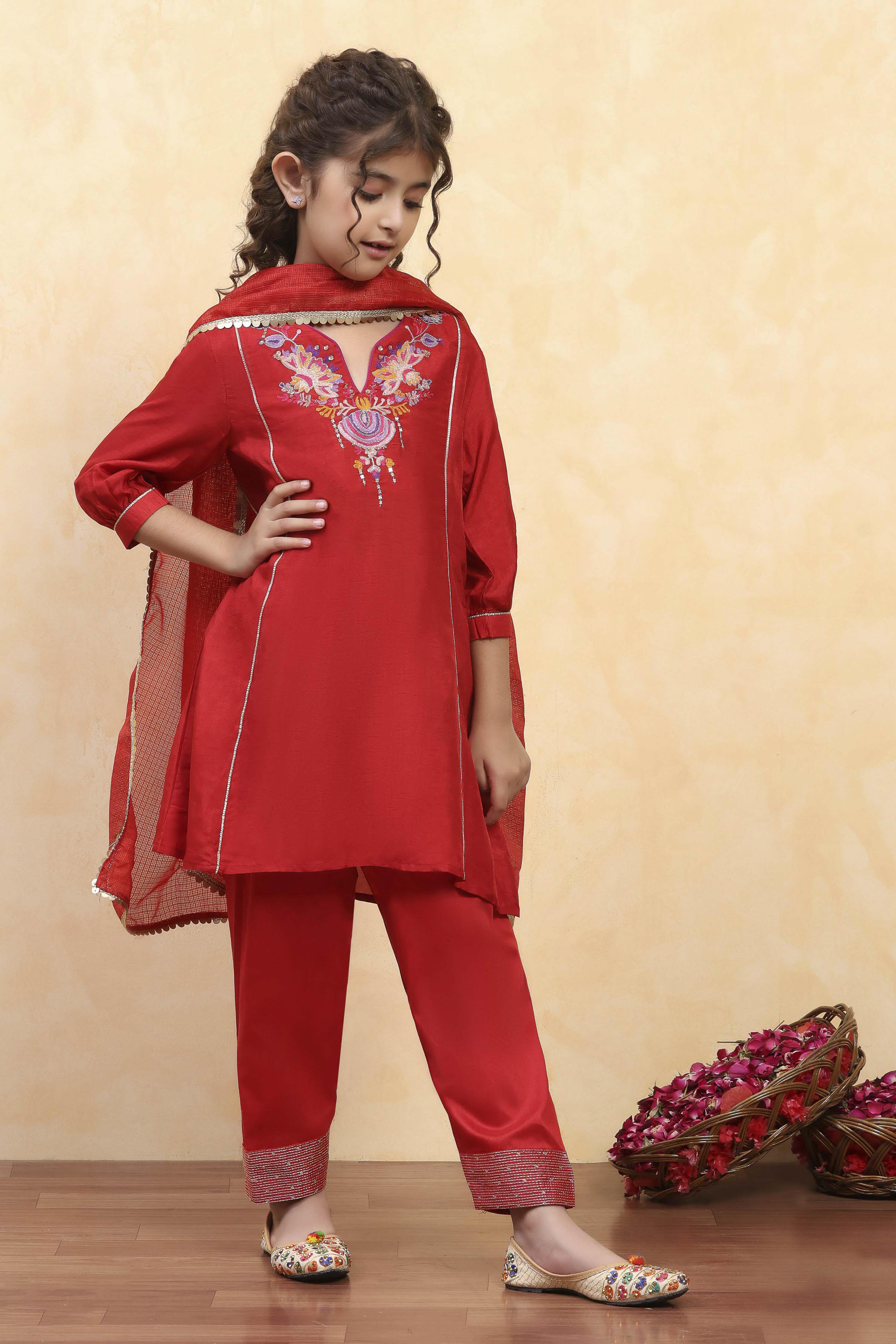 Red Viscose Rayon Solid A-Line Suit Set image number 0