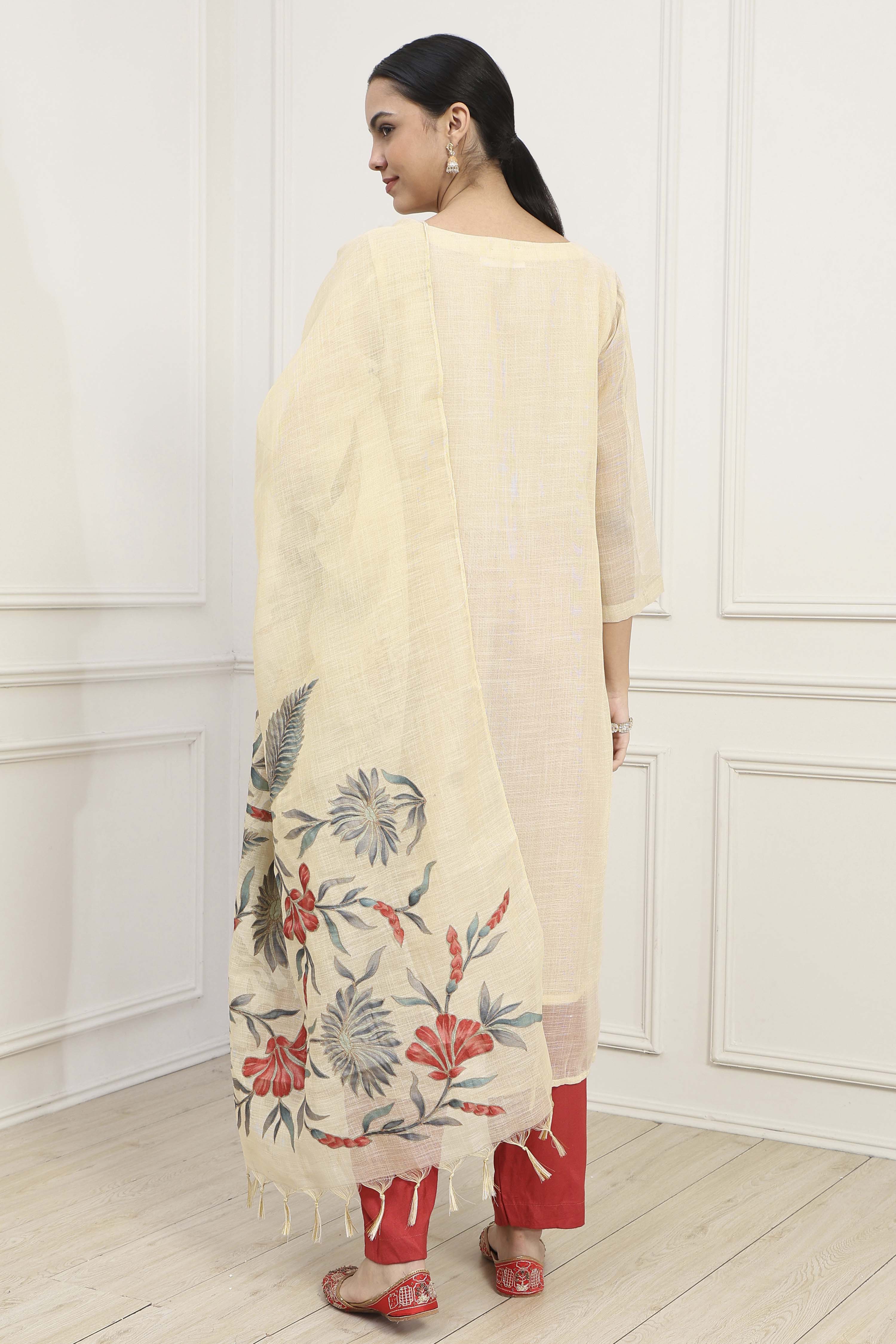 Beige Red Tissue Applique Unstitched Suit Set image number 5