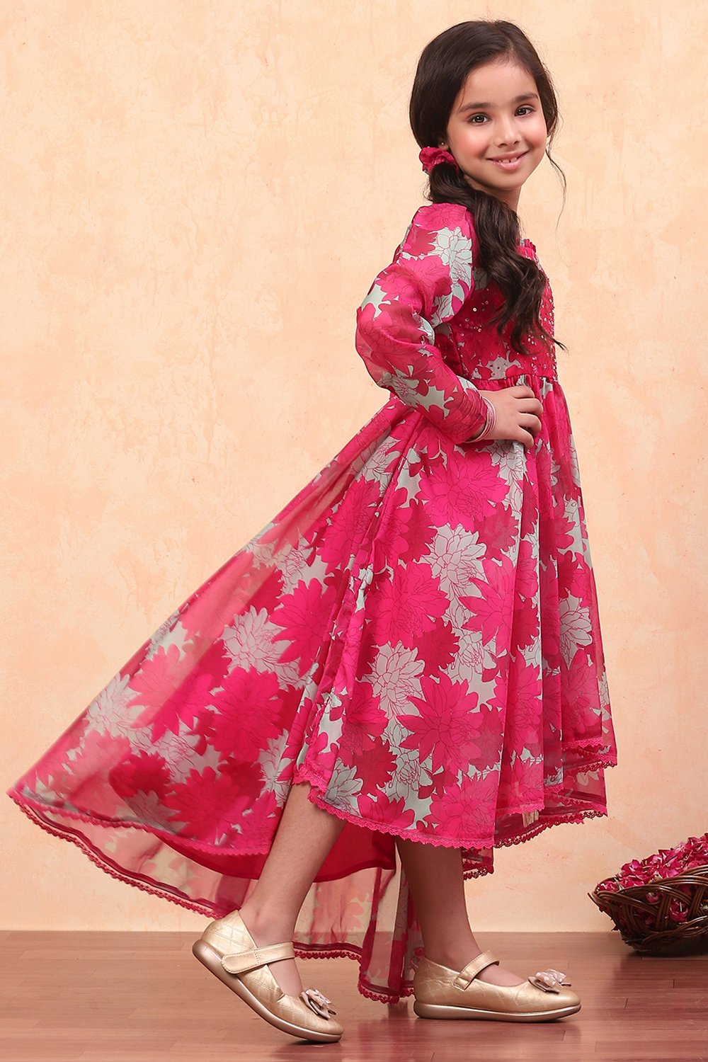 Pink Organza Floral Printed Asymmetric Flared Dress image number 4
