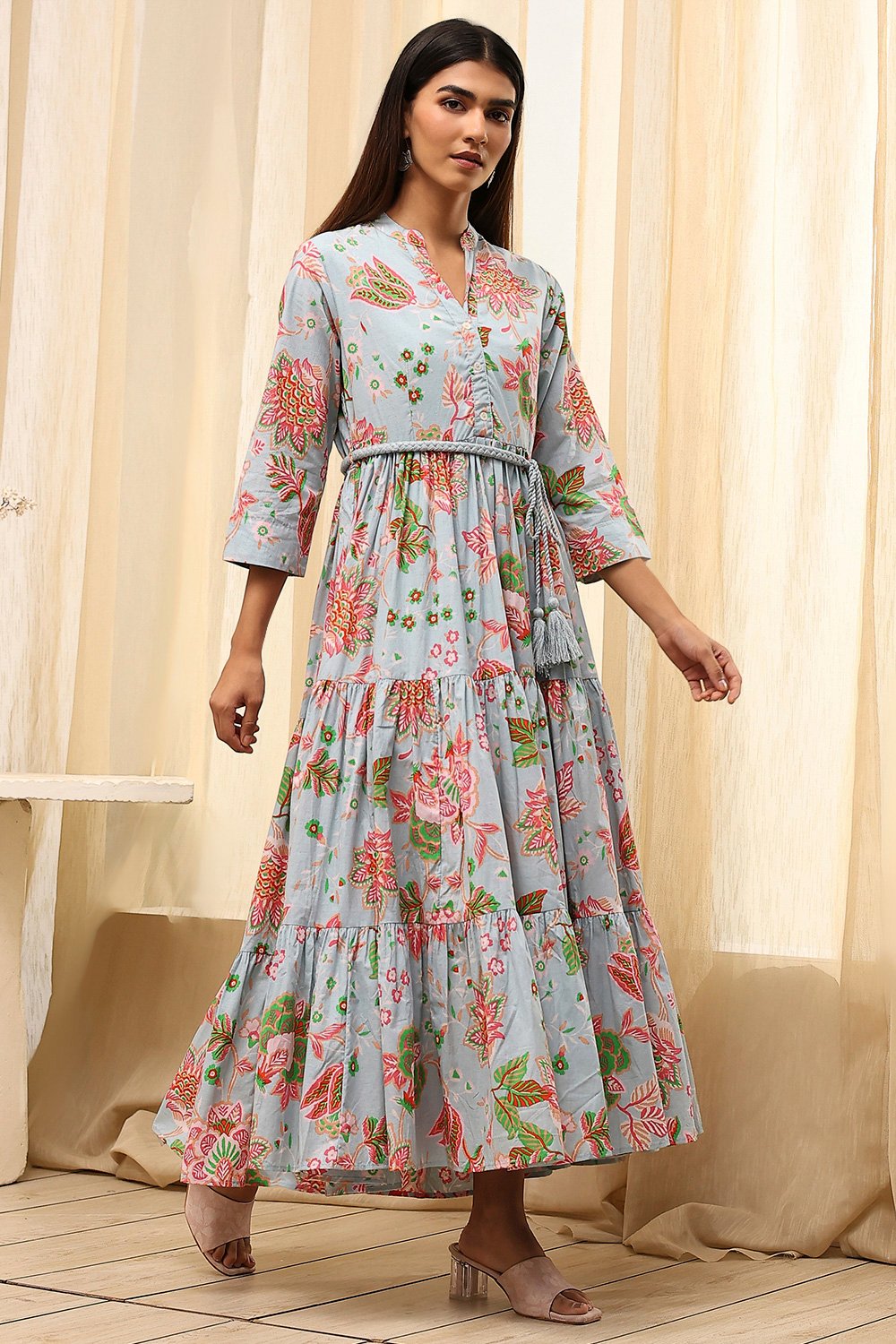 Earthy Blue Cotton Floral Tiered Dress image number 3
