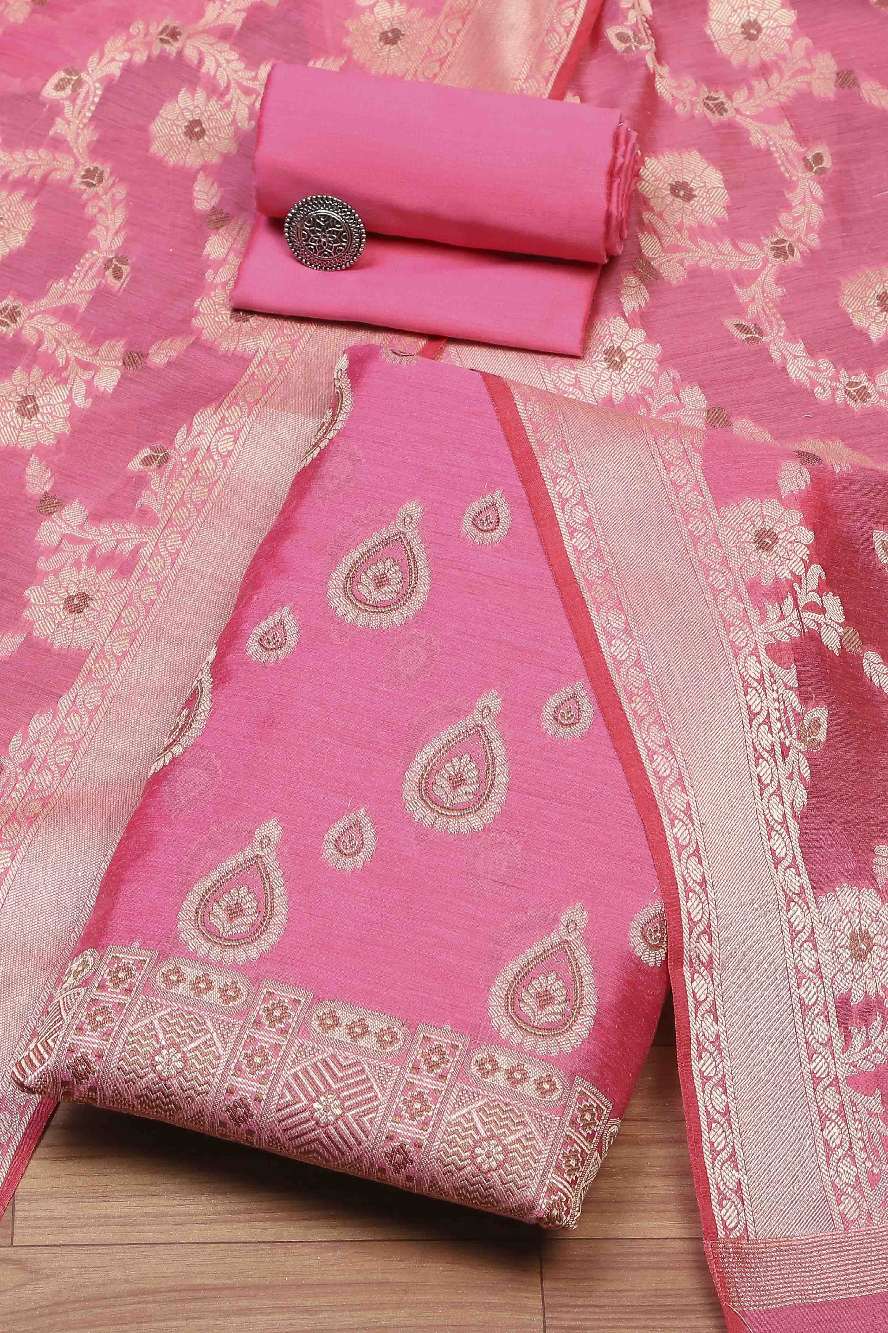 Red Chanderi  Unstitched Suit Set image number 0