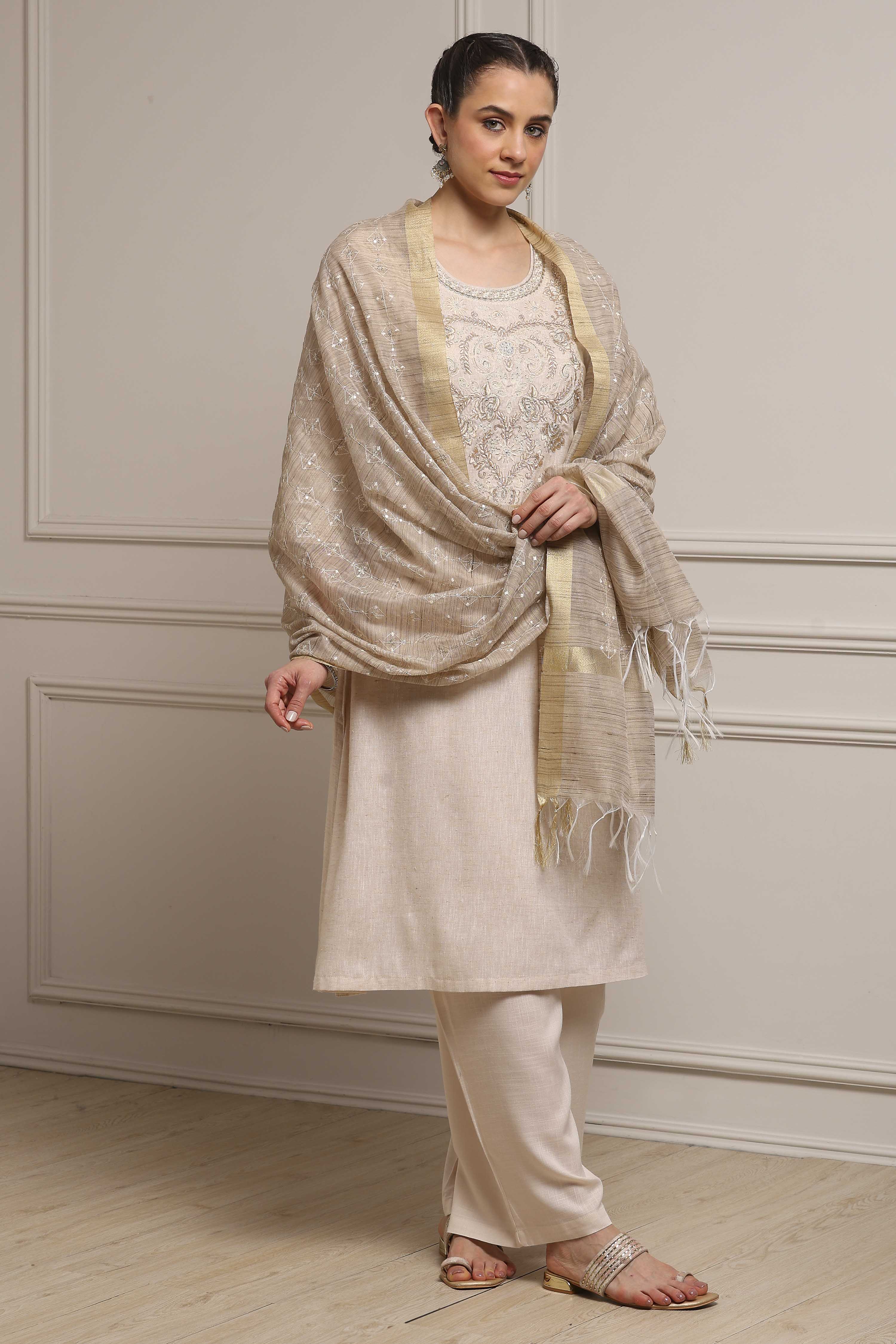 Beige Polyester Blend Straight Dyed Suit Set image number 0