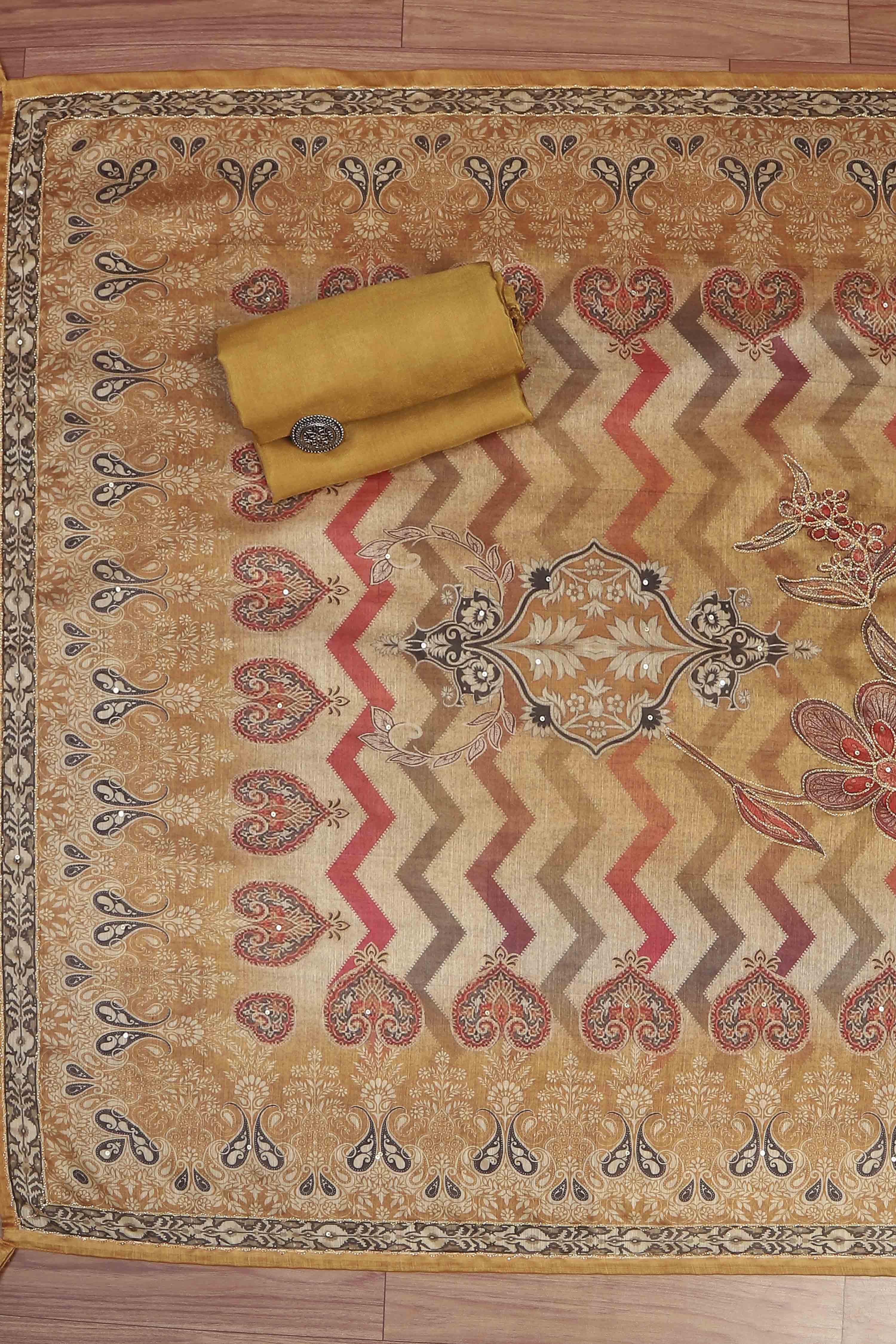 Light Red Chanderi Unstitched Suit Set image number 3