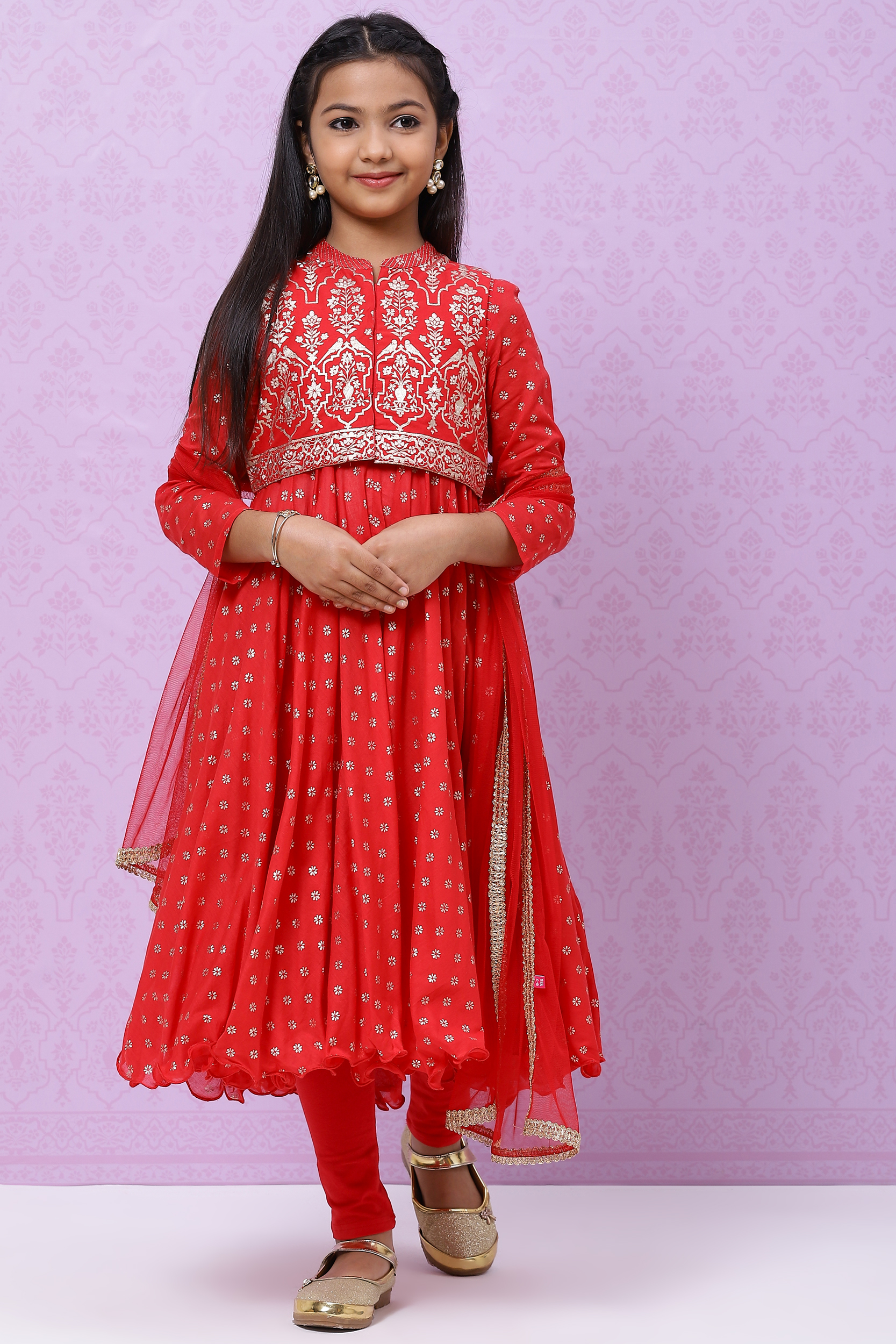 Red Cotton Girls Anarkali Kurta Churidar Suit Set image number 6